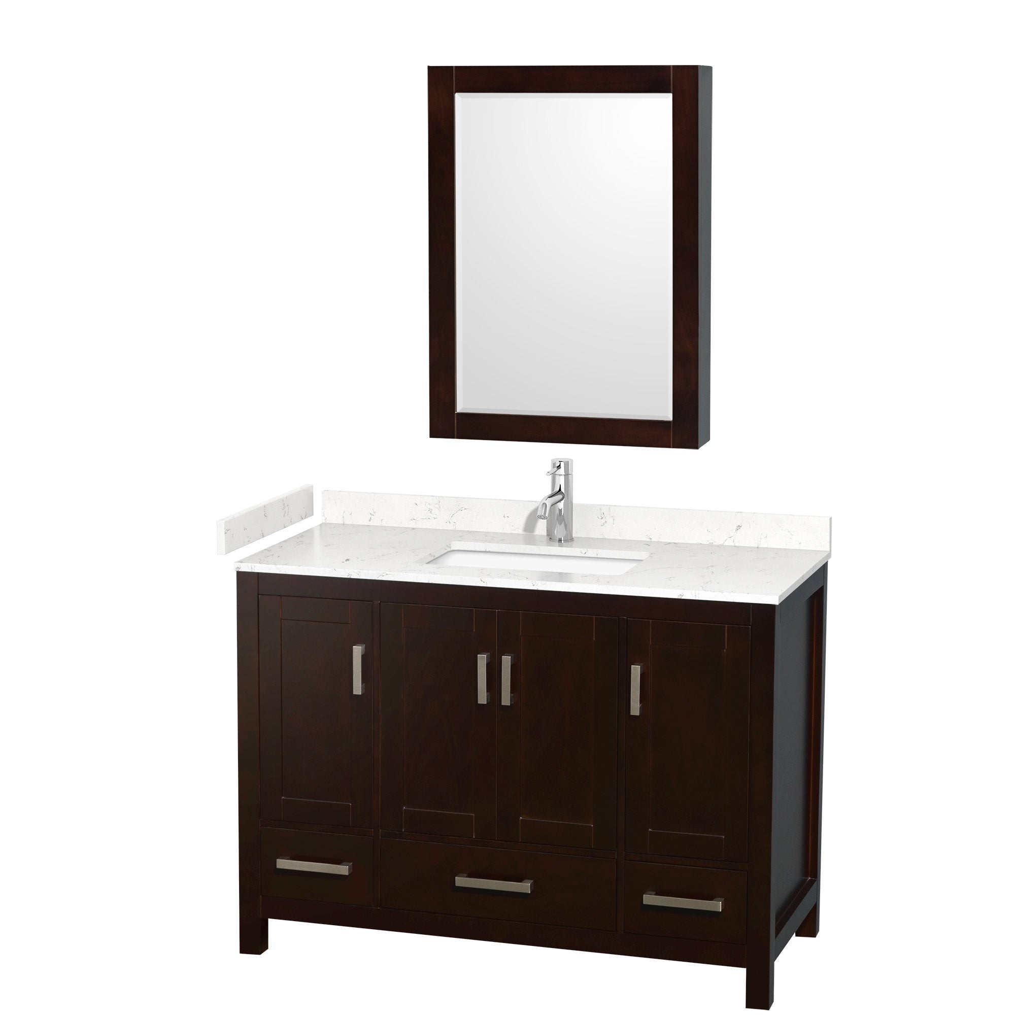 Modern 48-inch dark wood freestanding bathroom vanity with white stone countertop, integrated rectangular undermount sink, chrome single-handle faucet, matching wood-framed mirror, four doors and metal bar pulls with lower drawers.