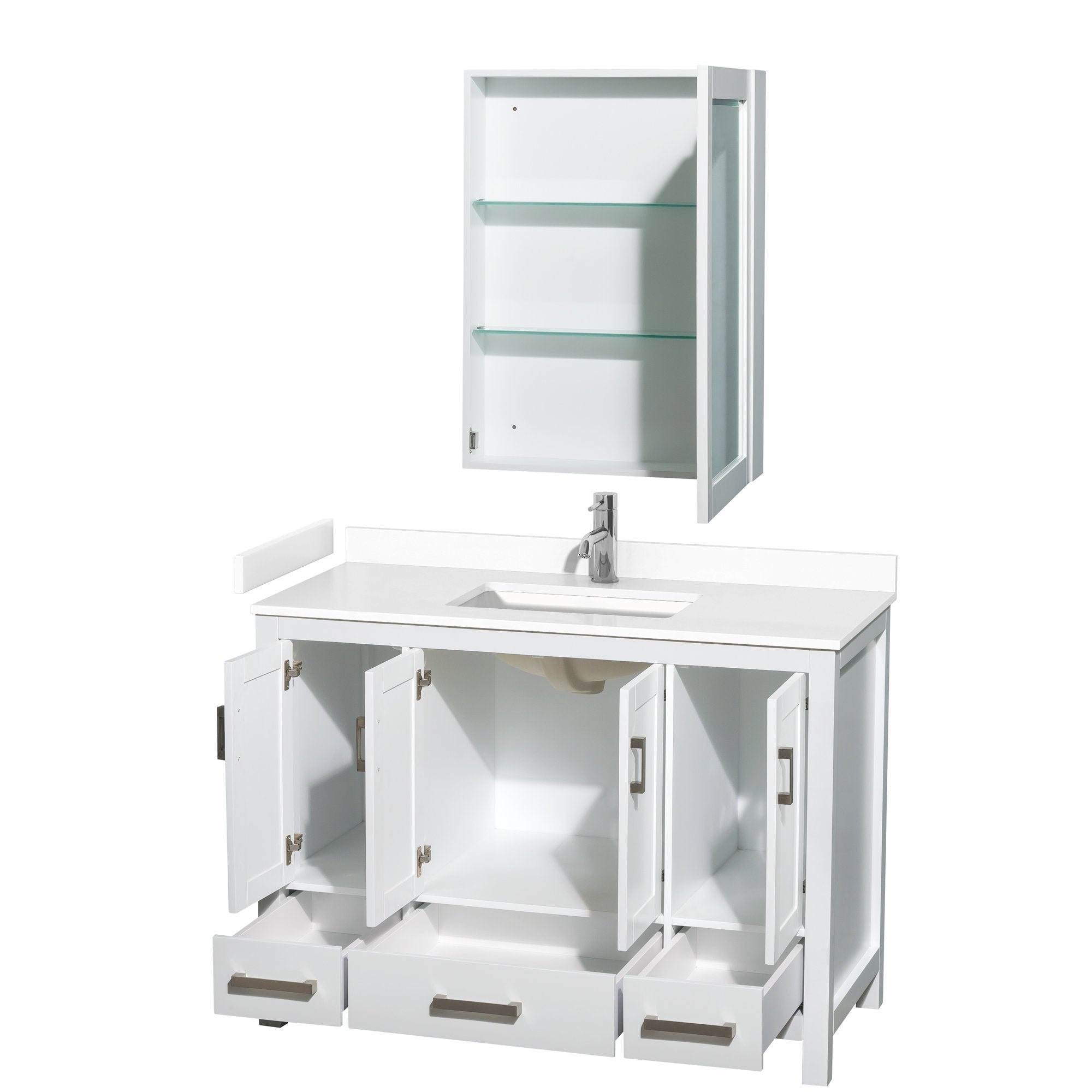 Modern white solid wood bathroom vanity with stone top and integrated rectangular undermount sink, chrome faucet, open cabinet doors and three drawers, shown with a matching wall-mounted medicine cabinet with glass shelves.