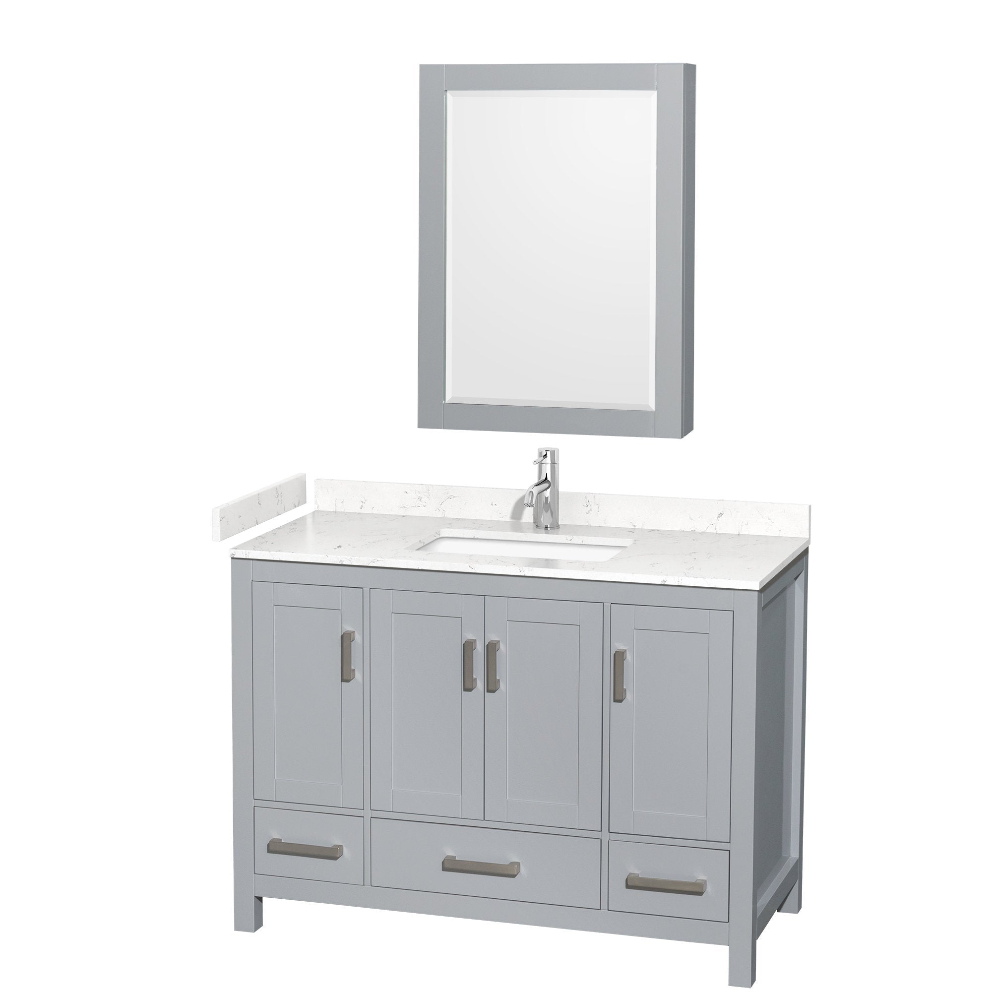 48-inch modern gray wood bathroom vanity with stone countertop and integrated rectangular sink, chrome faucet, three cabinet doors and three lower drawers with brushed metal handles, paired with a matching framed mirror.