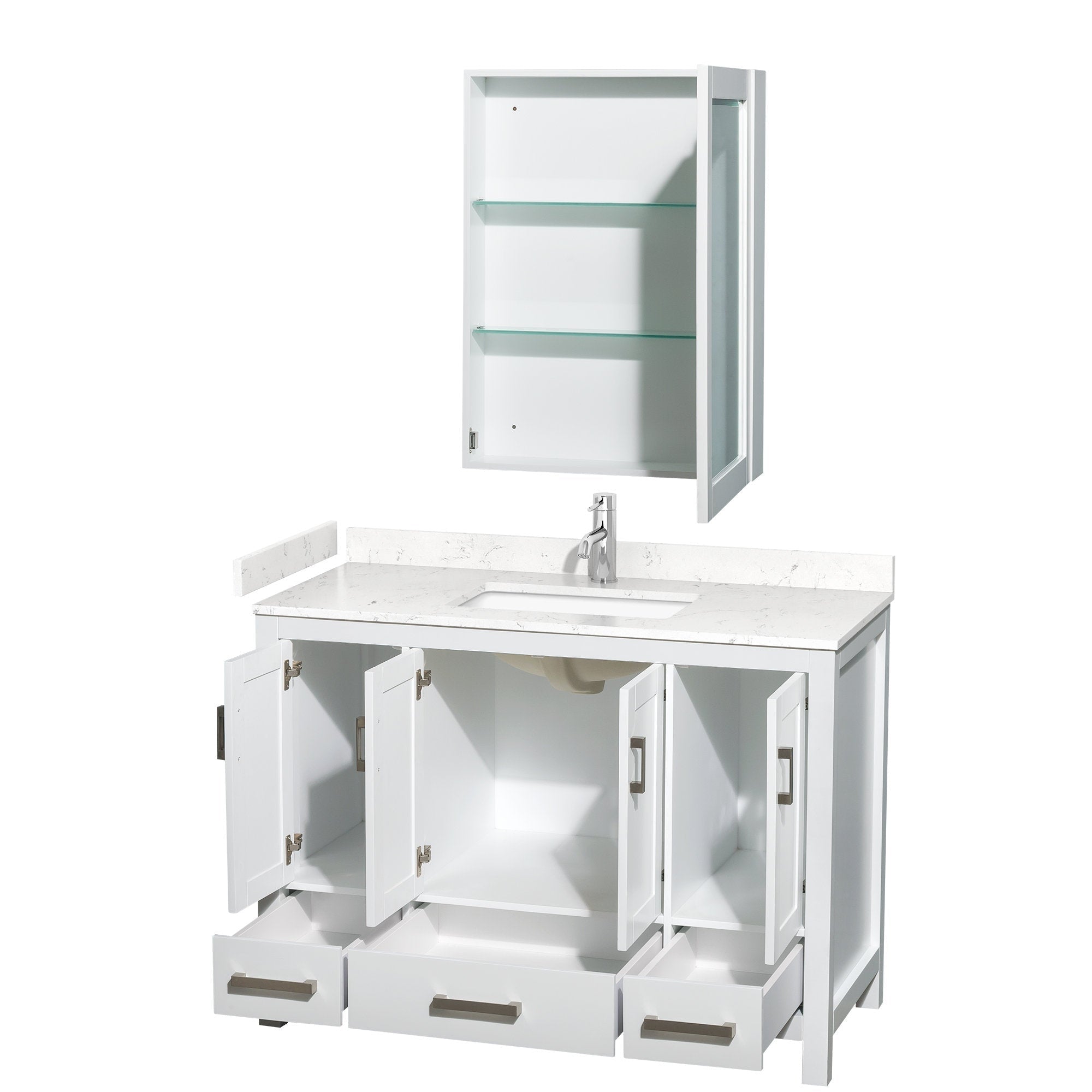 Modern 48-inch white solid wood bathroom vanity with a stone countertop and undermount sink, chrome faucet, open cabinet doors and drawers revealing storage, paired with a matching wall-mounted medicine cabinet with glass shelves.