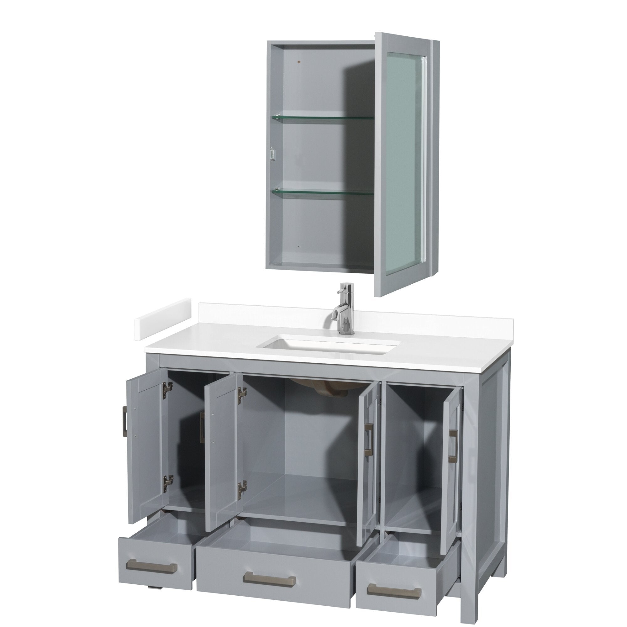 Modern 48-inch solid wood freestanding bathroom vanity in stone gray with a white stone countertop and integrated rectangular sink, single chrome faucet, open cabinet doors and drawers, plus matching wall cabinet with glass shelves.