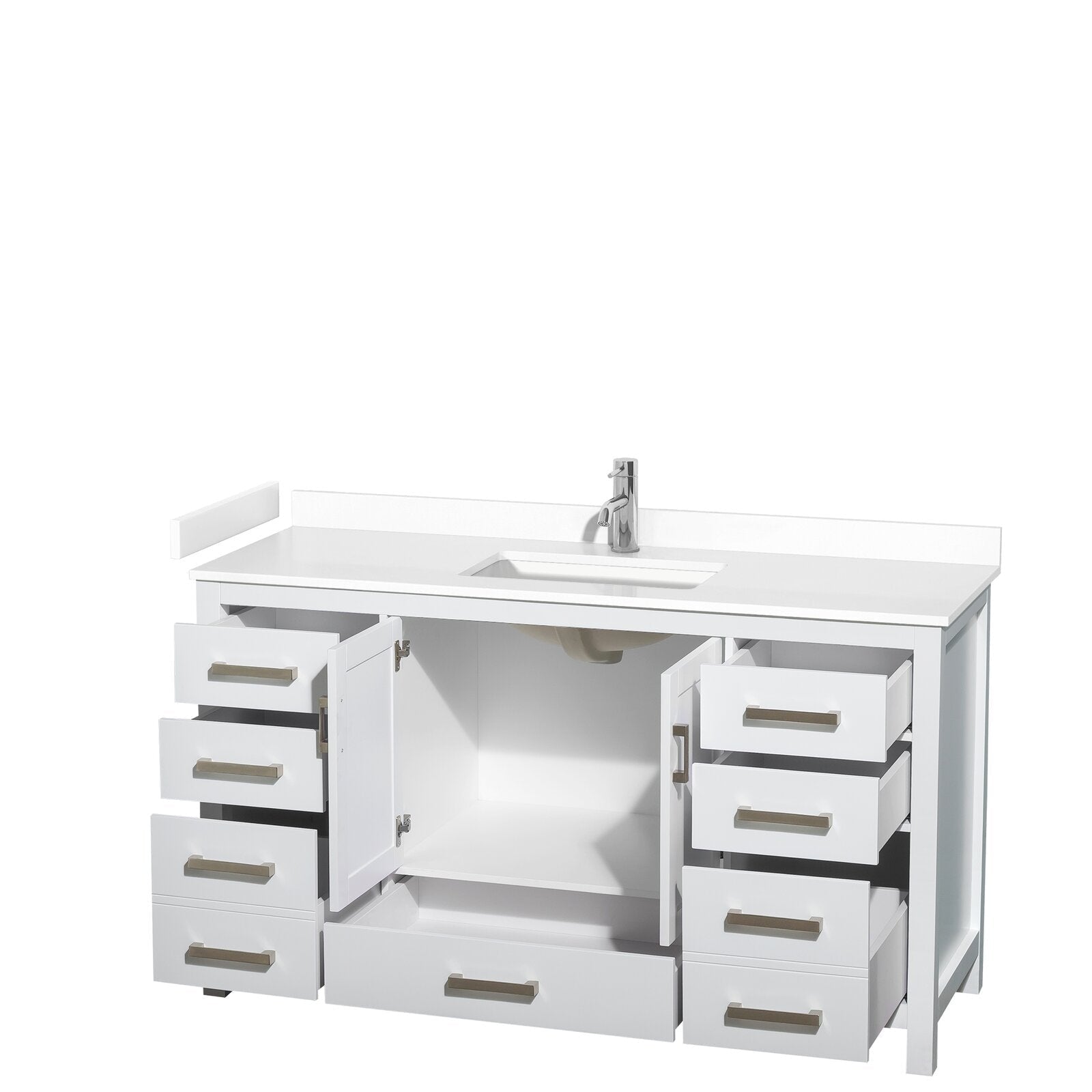 Modern 60-inch white solid-wood bathroom vanity with a stone countertop and integrated rectangular sink; chrome single-handle faucet, brushed-metal pulls, and open drawers and cabinet showing storage.