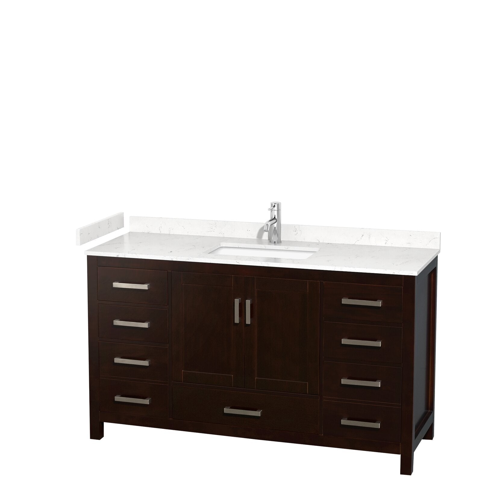 60-inch modern freestanding bathroom vanity in dark solid wood with a white stone countertop and integrated rectangular sink, chrome single-handle faucet, brushed metal bar handles and multiple storage drawers and cabinet.