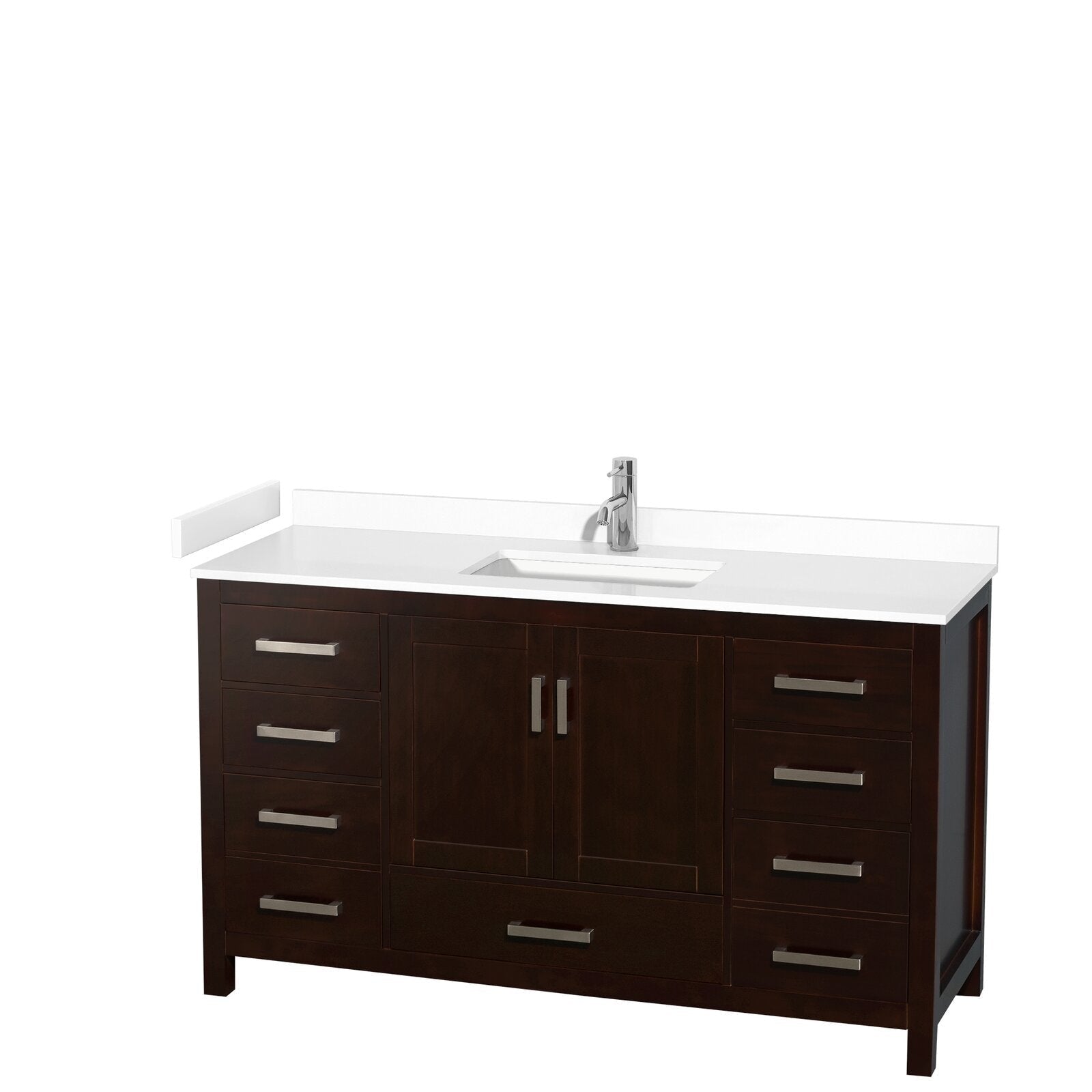 60-inch dark solid-wood bathroom vanity with white stone countertop, integrated rectangular ceramic sink and single chrome faucet; freestanding cabinet with center double doors, stacked drawers and modern metal bar handles.