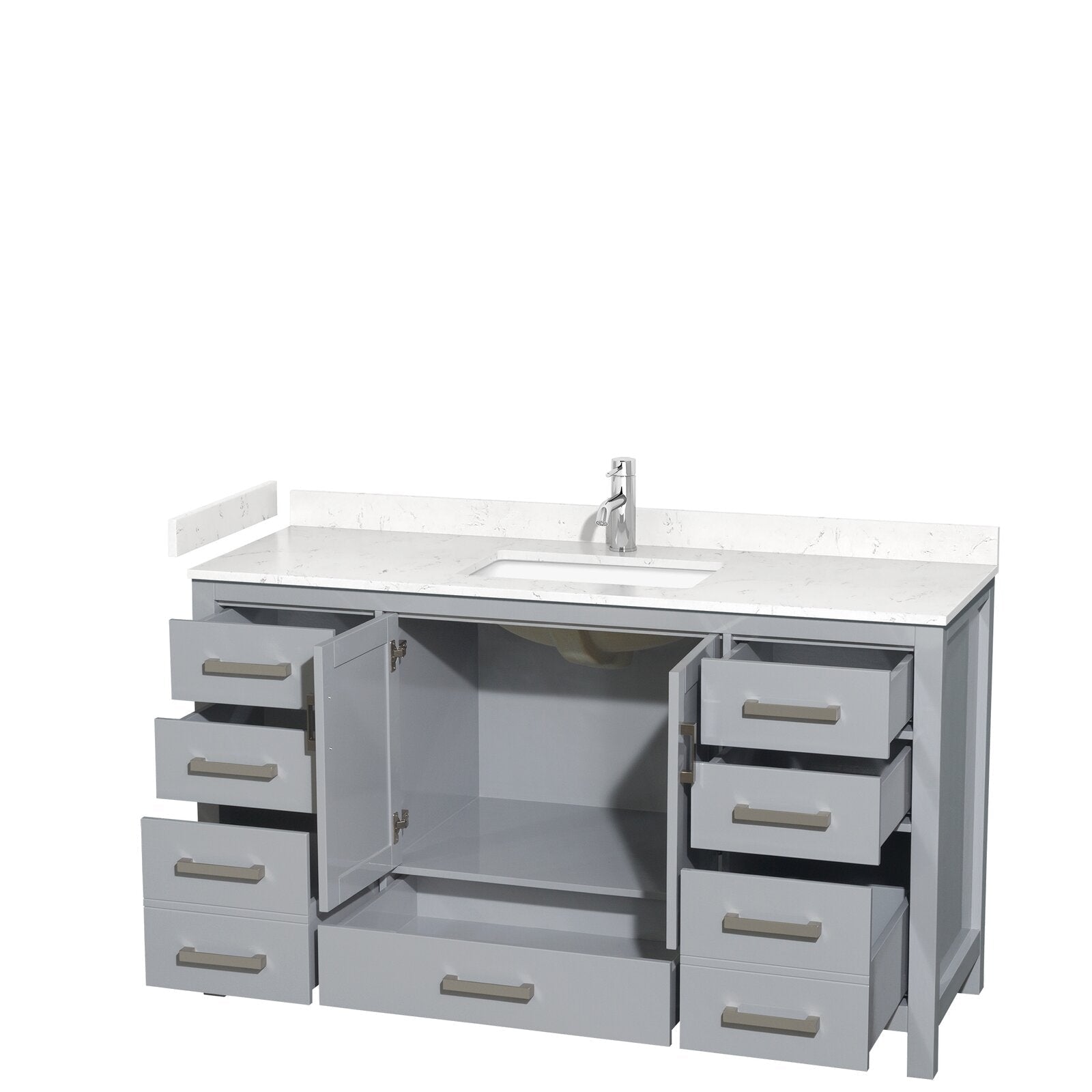 60-inch modern solid wood bathroom vanity in gray with a white stone countertop and integrated rectangular single sink, center cabinet and multiple side drawers open to show storage, brushed-metal pulls, freestanding design without mirror.