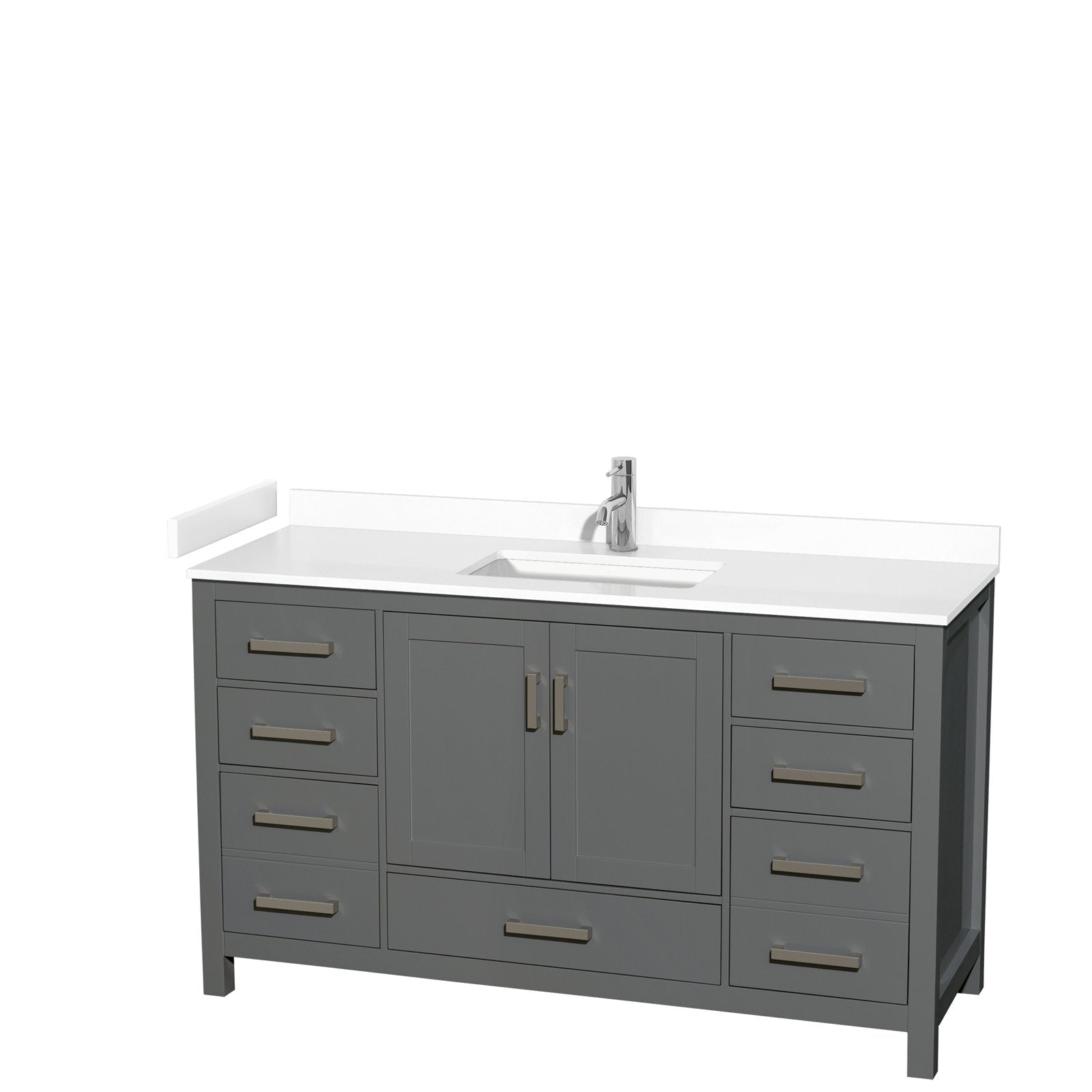 60-inch freestanding gray solid-wood bathroom vanity with white stone countertop, integrated rectangular ceramic sink, single chrome faucet, central double-door cabinet and multiple drawers.