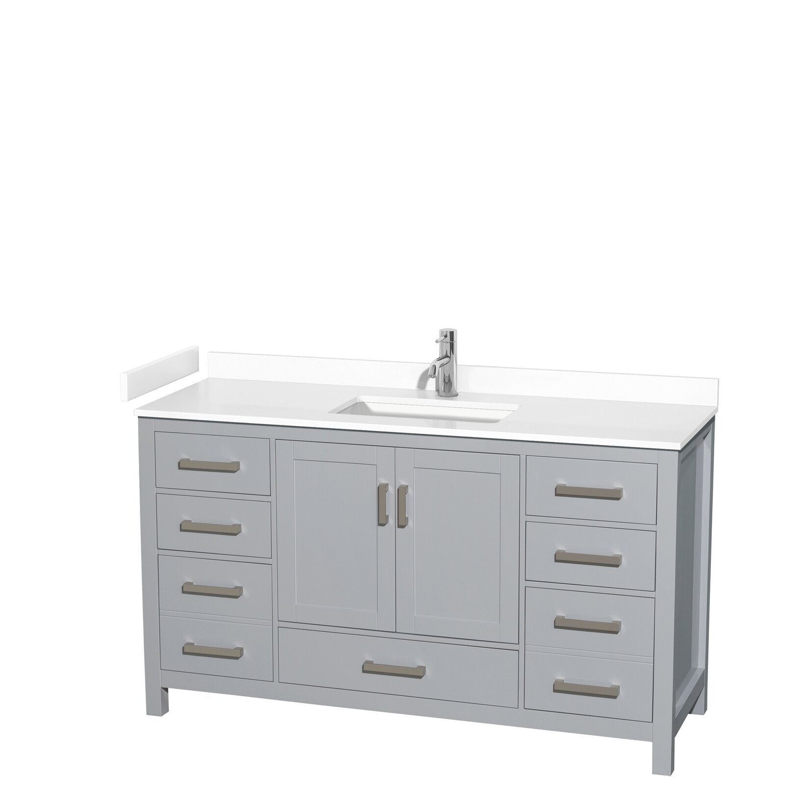 60-inch freestanding modern bathroom vanity in stone gray solid wood with white stone top and integrated rectangular sink, chrome faucet, shaker-style double doors and multiple soft-close drawers with brushed metal handles.