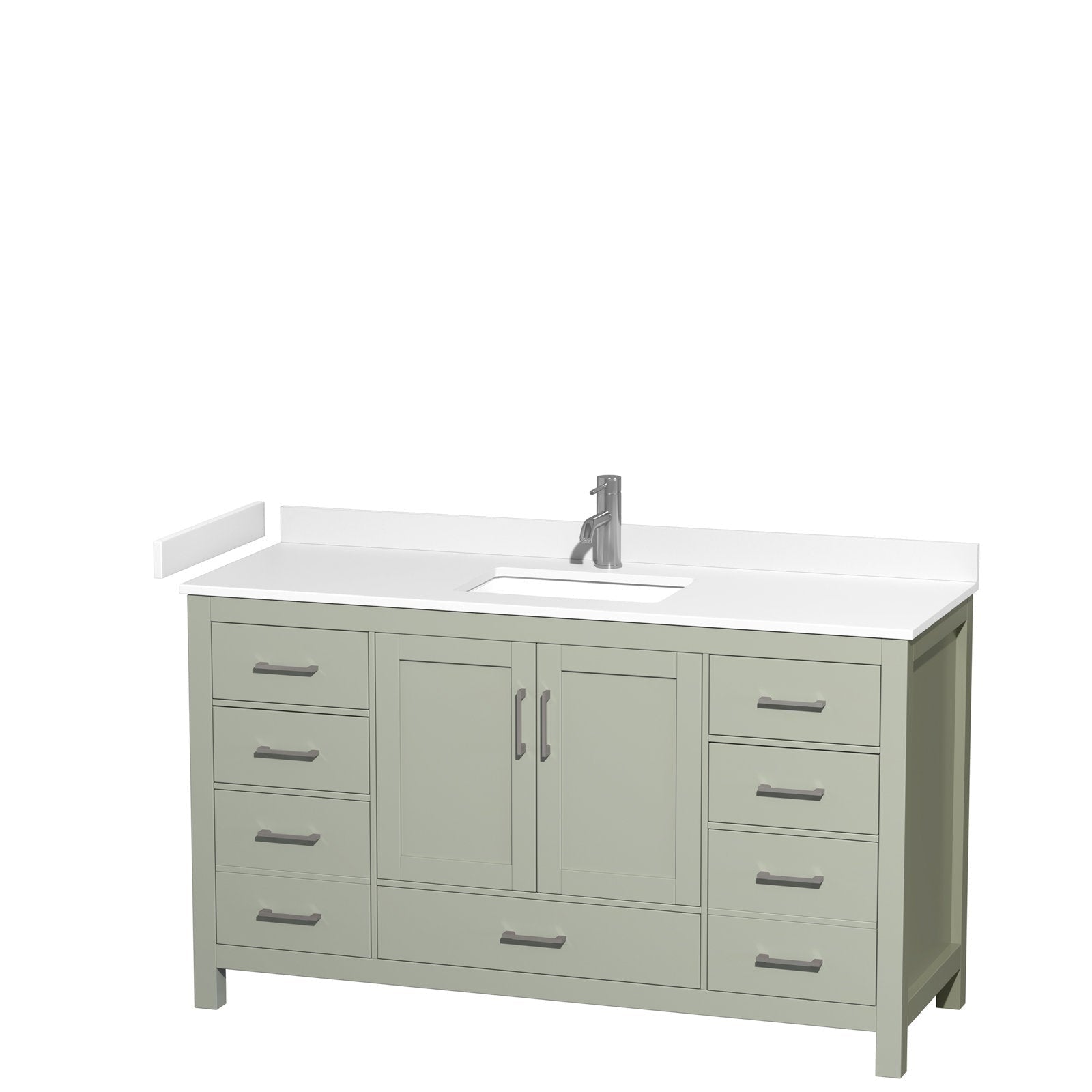 60-inch modern solid wood freestanding bathroom vanity in stone finish with white stone top and integrated rectangular ceramic sink, single chrome faucet, central cabinet doors and multiple soft-close drawers.