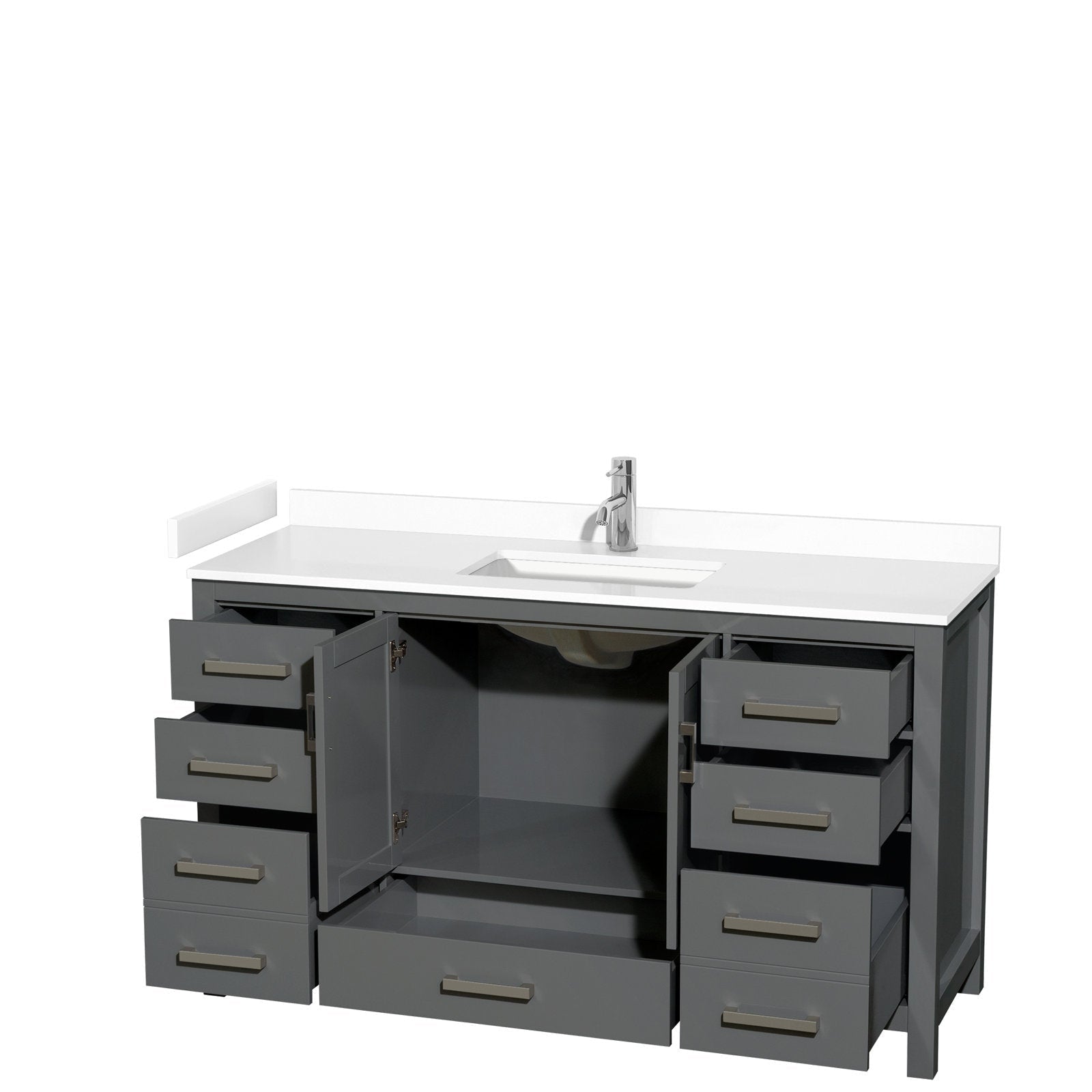 60-inch freestanding gray solid wood bathroom vanity with white stone countertop and rectangular integrated sink, chrome single-handle faucet, open center cabinet and six drawers with metal bar pulls.