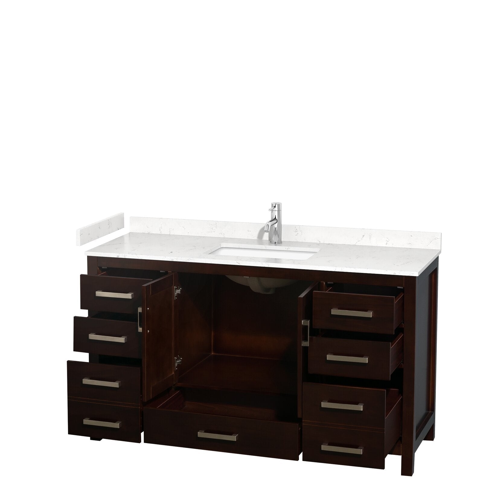 60-inch dark solid wood bathroom vanity with white stone countertop and integrated rectangular sink, single chrome faucet; multiple drawers and center cabinet shown open with modern metal handles for storage.