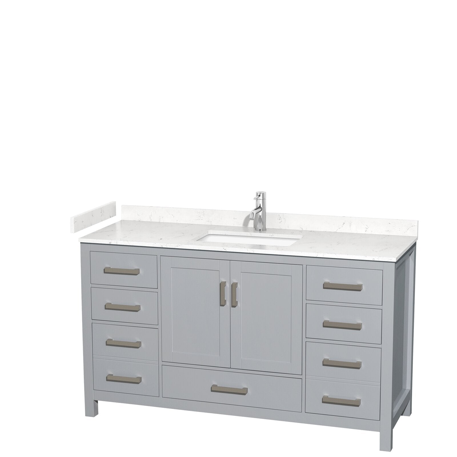 60-inch modern solid wood bathroom vanity in gray with white marbled stone countertop, single rectangular undermount sink and chrome faucet; center cabinet doors, multiple soft-close drawers and brushed nickel handles.