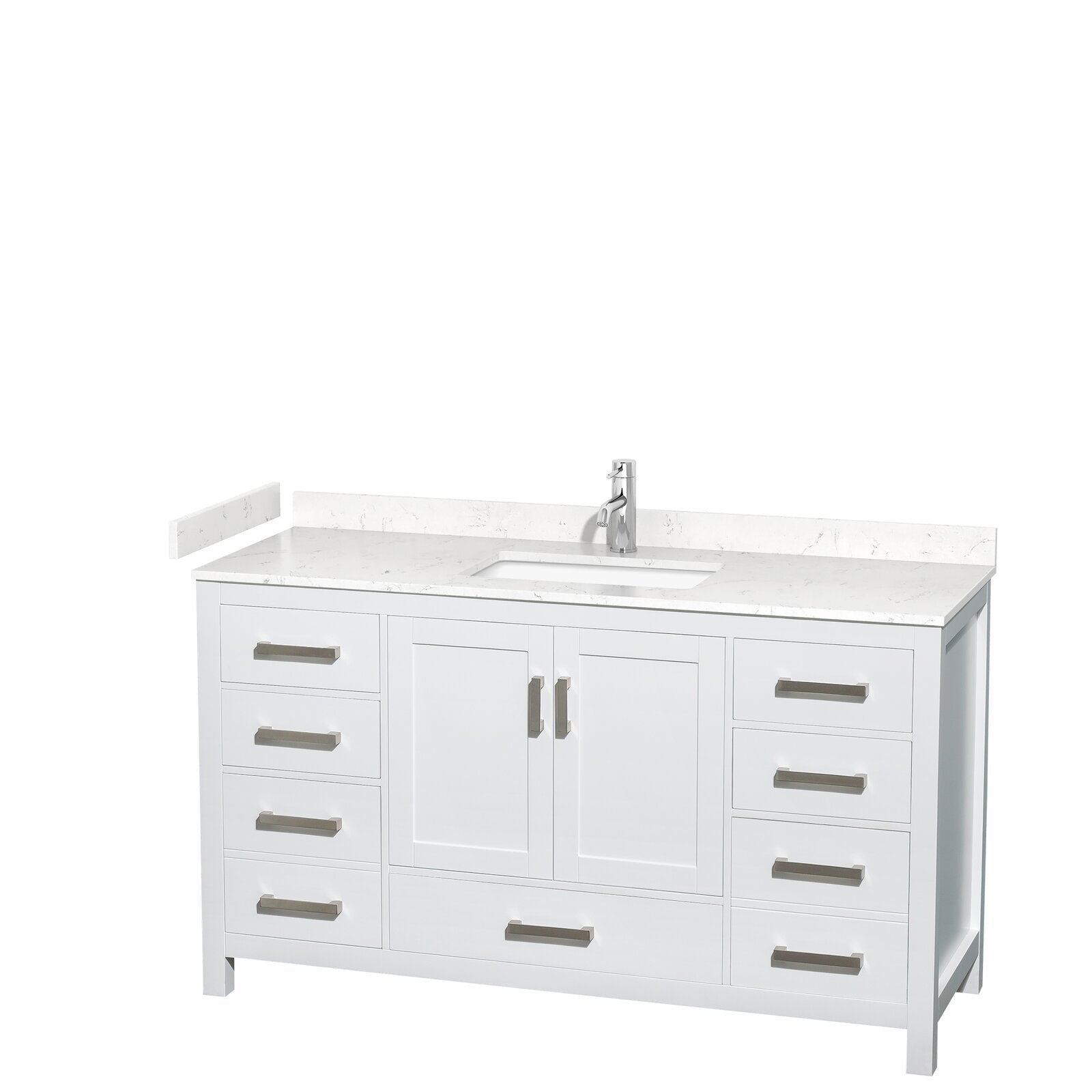 60-inch freestanding white wooden bathroom vanity with a white stone countertop, integrated rectangular sink, chrome single-handle faucet, shaker-style double doors, multiple drawers and brushed nickel rectangular pulls.