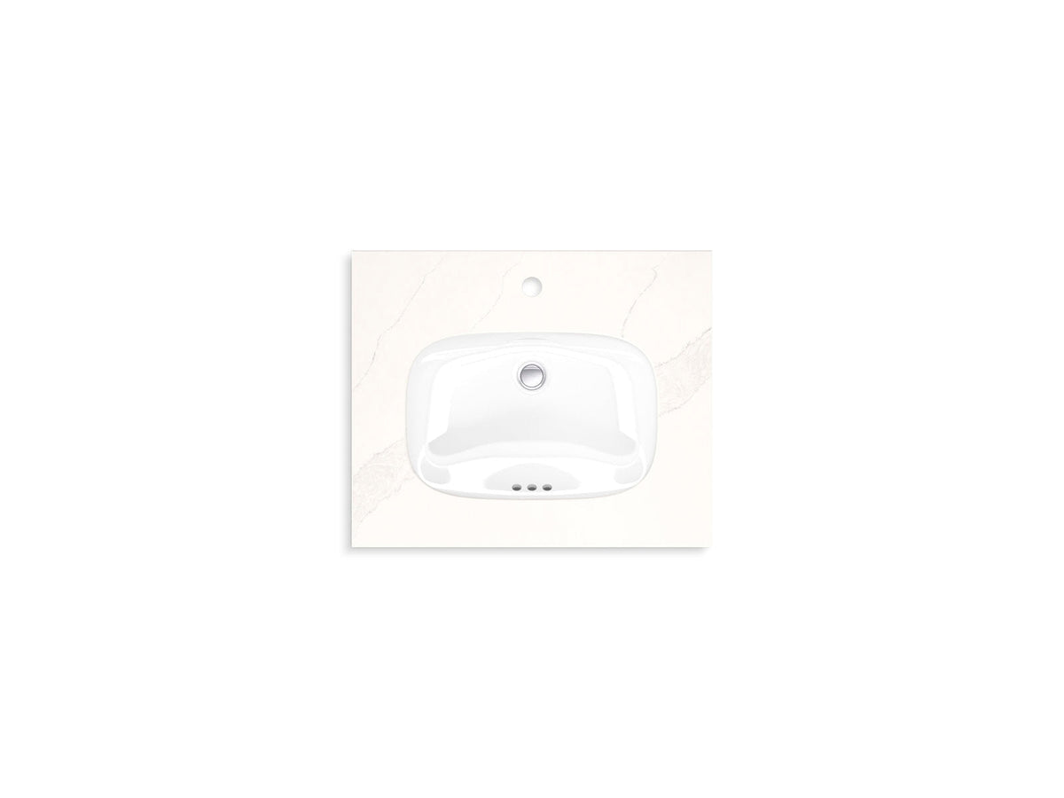 Top-down view of a stone-colored rectangular vanity top with a white ceramic single-basin sink, one center faucet hole at the back and three small circular openings near the basin front on a modern bathroom surface.
