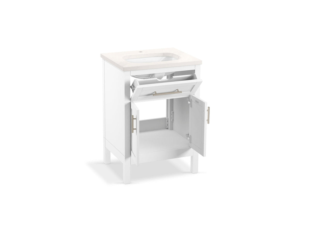 25-inch modern solid-wood bathroom vanity with stone top and single ceramic sink, freestanding white cabinet shown with open doors and a tilt-out drawer revealing interior storage and metal bar handles.
