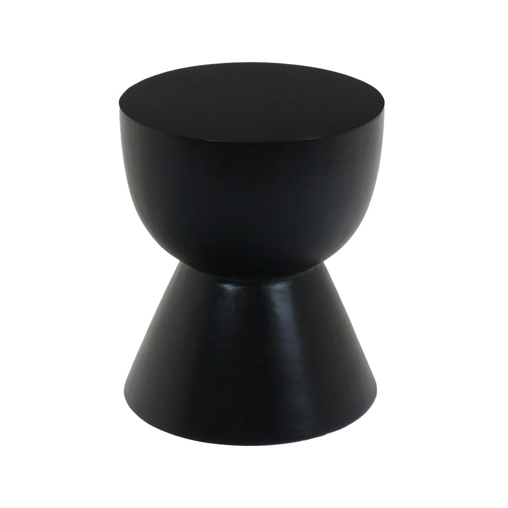 Matte black solid wood side table with an hourglass silhouette, rounded top and tapered conical base in a minimalist modern style on a white background.