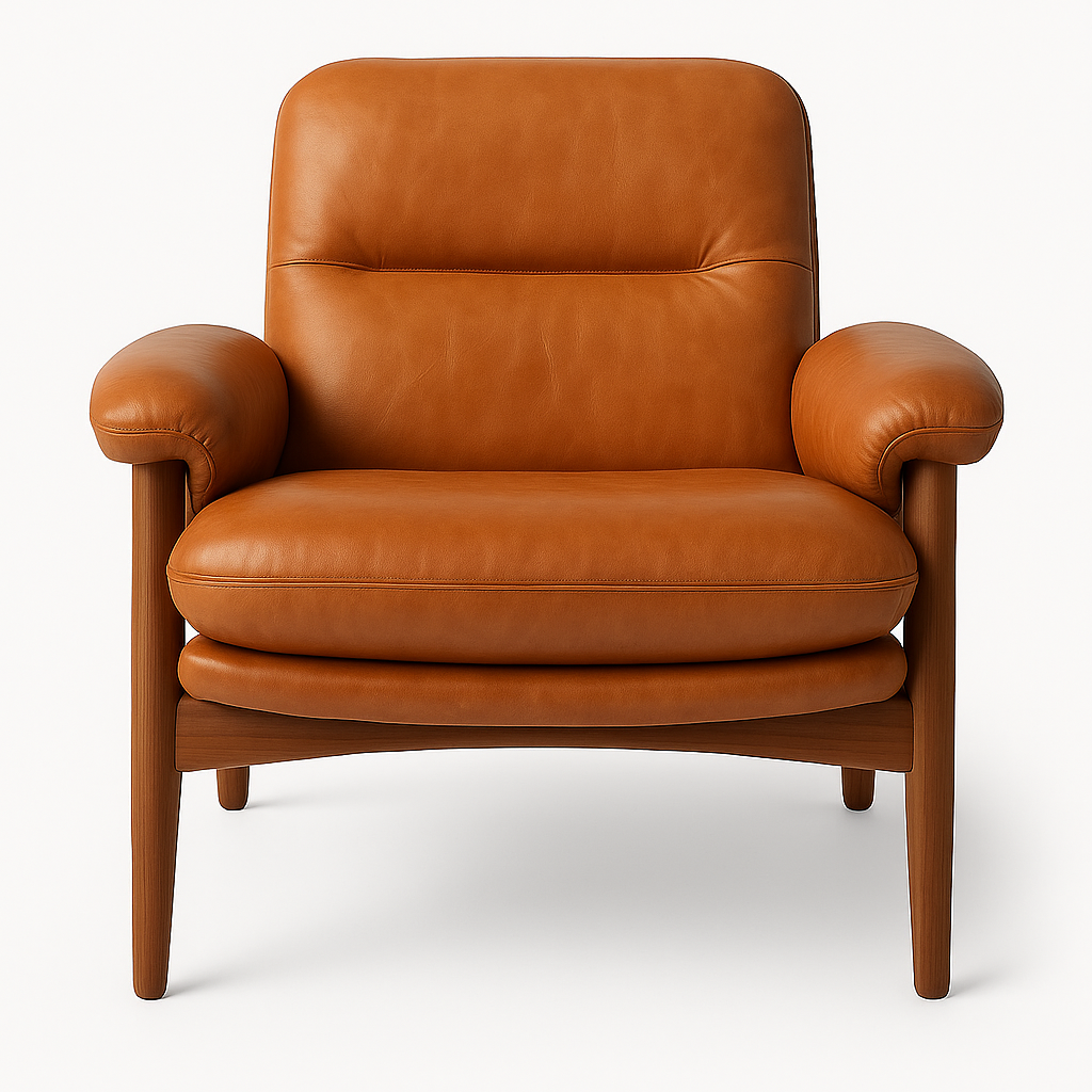 Front view of a modern lounge chair upholstered in cognac brown leather with plush rounded seat and arms, supported by a warm wood frame with tapered legs.