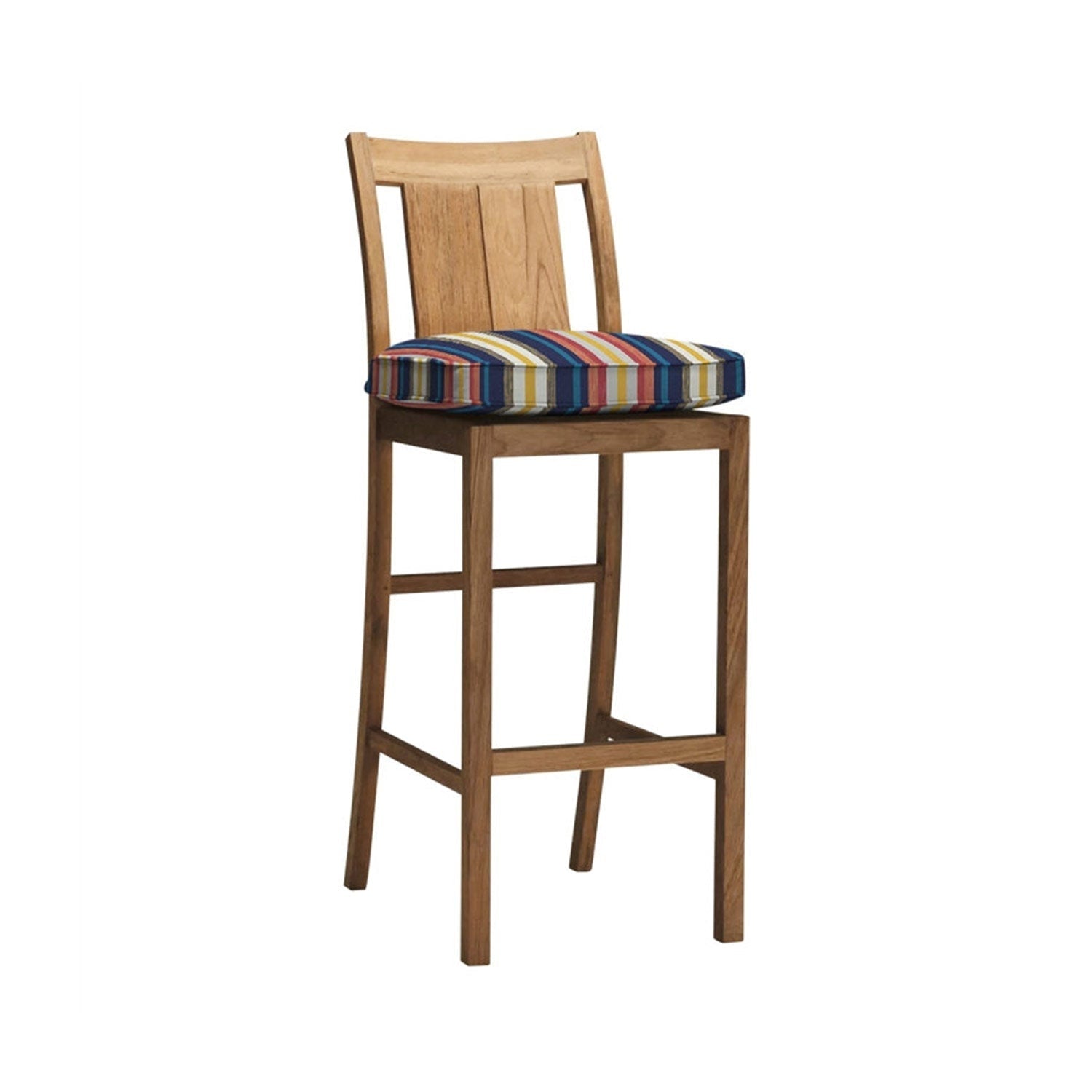 Armless teak bar stool with a natural wood finish and slatted back, topped by a thick multicolor striped seat cushion (blue, yellow, red) for coastal outdoor counter or bar seating.
