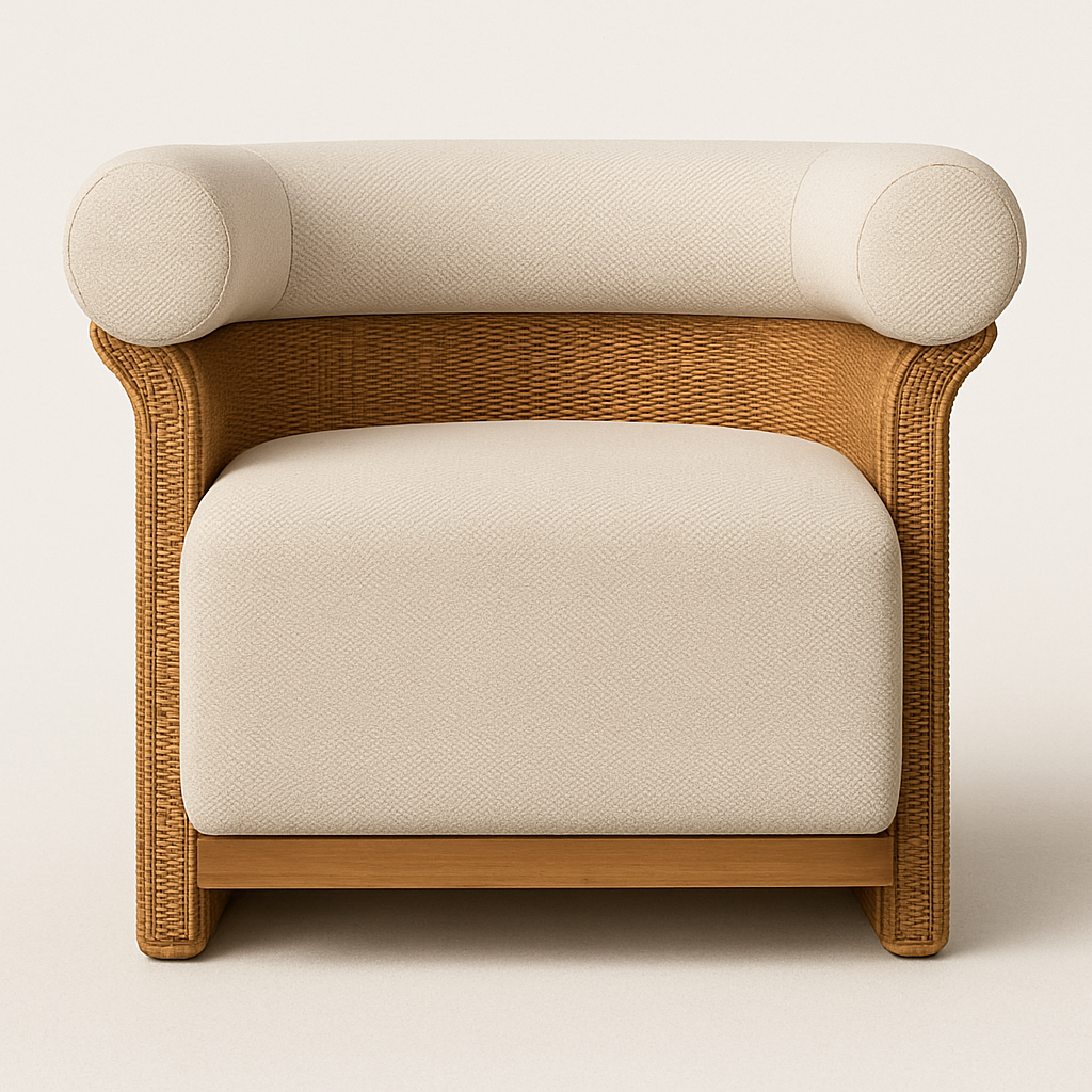 Front view of an all-weather coastal wicker accent chair with a warm honey-woven frame, thick beige upholstered seat cushion and matching rolled bolster back cushion on a low wooden base.