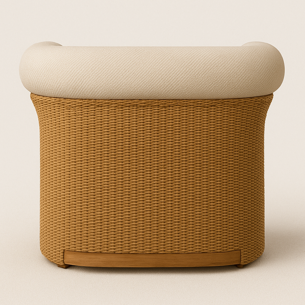 Rear view of a coastal contemporary all-weather wicker accent chair with woven tan wicker body, rounded beige upholstered back cushion and a low wooden base accent.