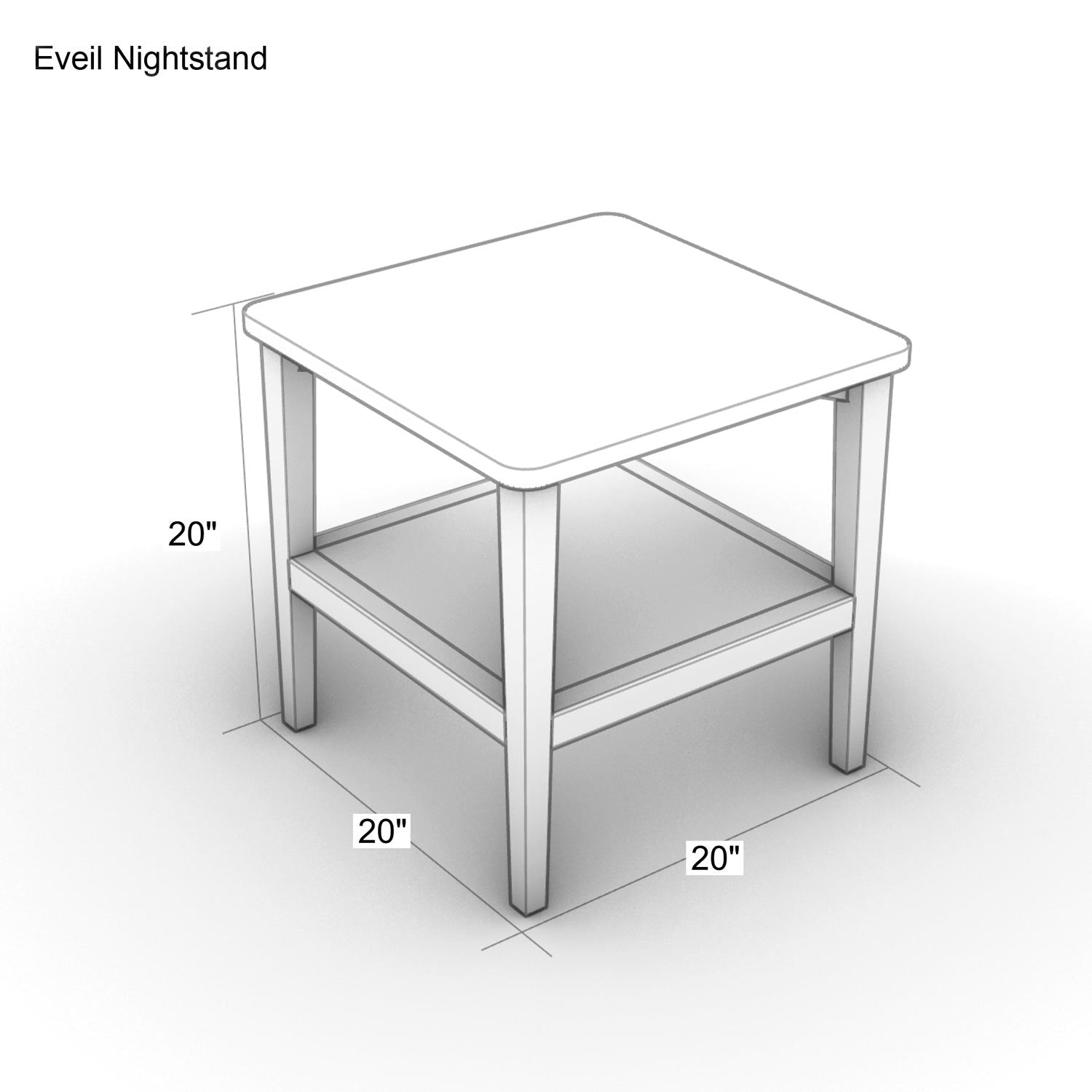 Diagram of a modern square nightstand in medium brown natural wood with a papercord lower shelf and four straight legs, shown as a line-rendered drawing with labeled dimensions 20" W × 20" D × 20" H.