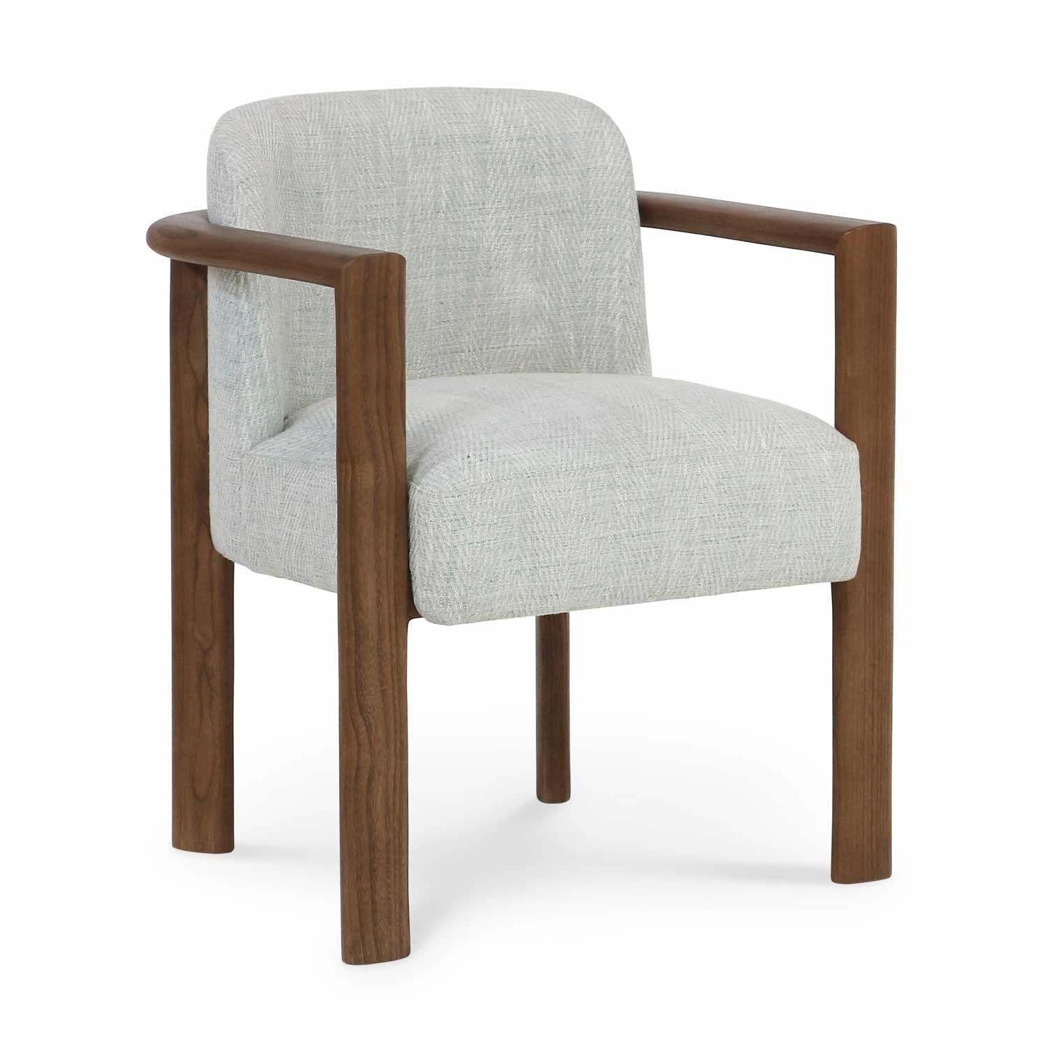Modern dining chair upholstered in light gray herringbone fabric with a solid oak frame and rounded arms, featuring a cushioned full back and padded seat for dining or kitchen use.