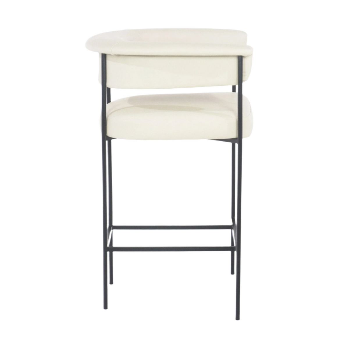 Front view of a modern cream faux leather counter stool with a curved low back, padded seat and slender black metal frame with integrated footrest, shown on a white background.