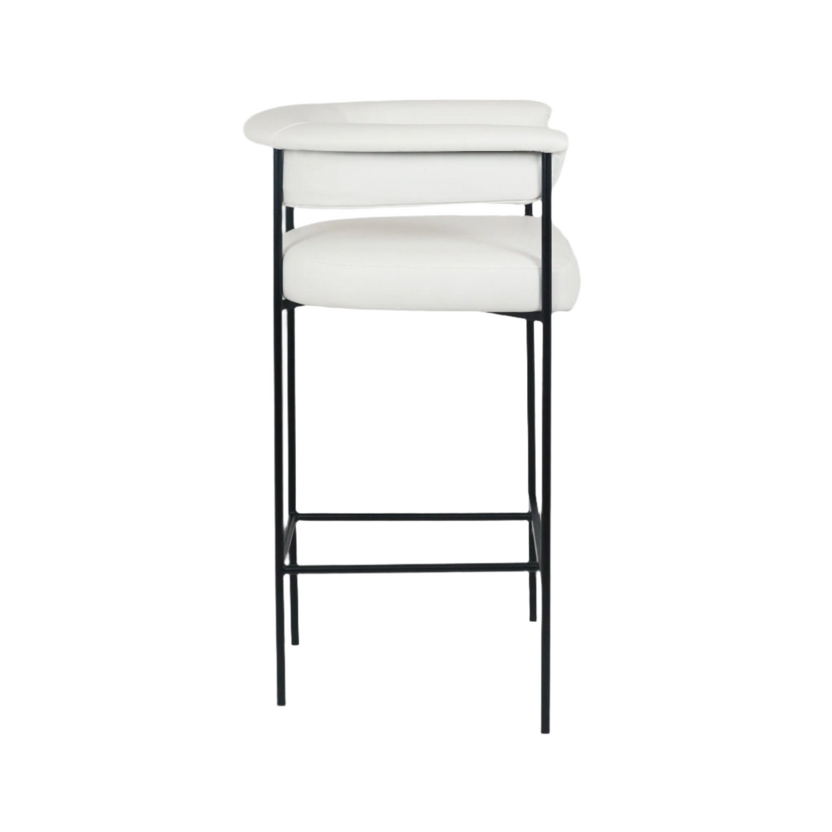 White faux-leather counter stool with a padded seat and low curved backrest supported by a slim black metal frame and rectangular footrest, displayed on a plain white background.
