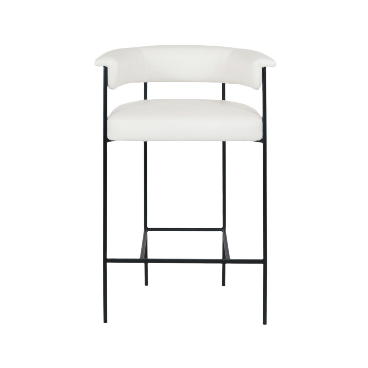 Front view of a modern counter stool with white faux-leather padded seat and curved back with short arms, supported by a slim black metal frame and integrated square footrest in a minimalist silhouette.