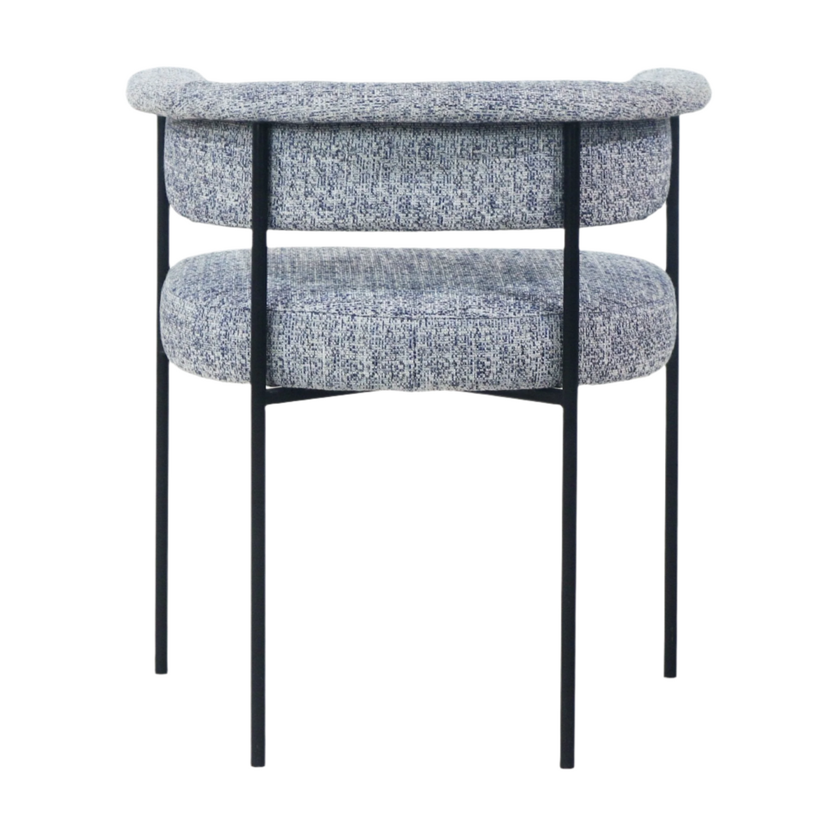 Rear view of a modern dining chair upholstered in textured gray bouclé with rounded back and seat cushions, supported by a slender black metal frame and legs.