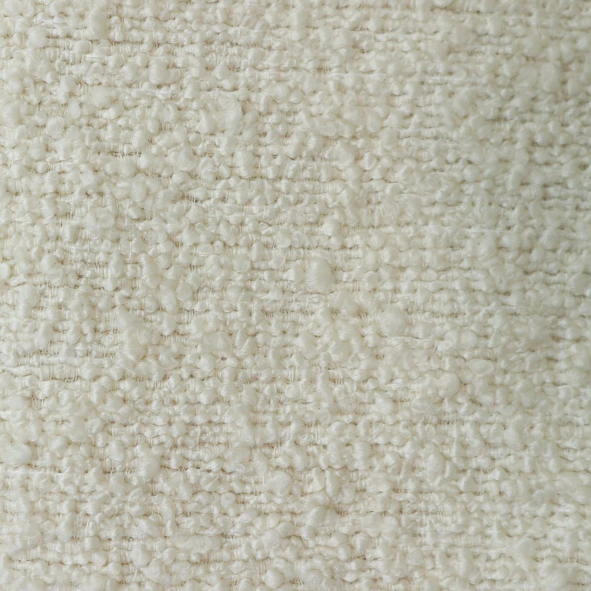 Close-up of cream boucle upholstery fabric showing soft nubby loops and woven texture in a neutral tone, ideal for modern upholstered dining chairs.
