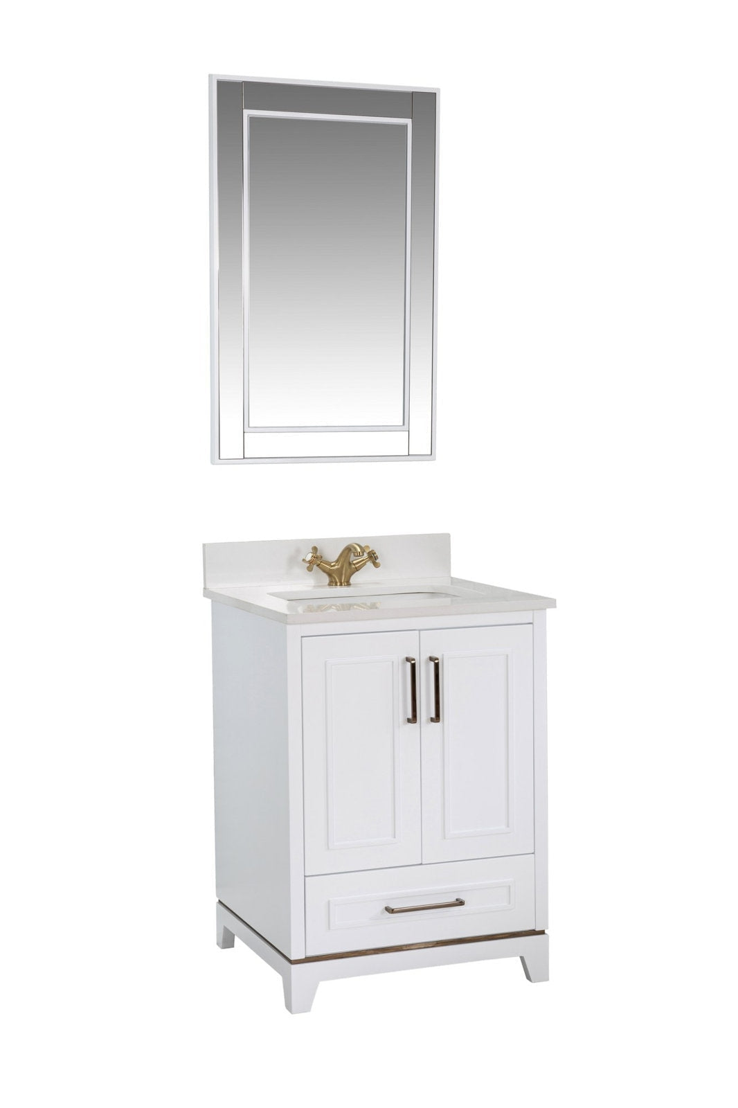 Modern solid wood single-sink bathroom vanity with a stone countertop, white wooden cabinet with two doors and a bottom drawer, brass faucet, and a rectangular mirror mounted above.