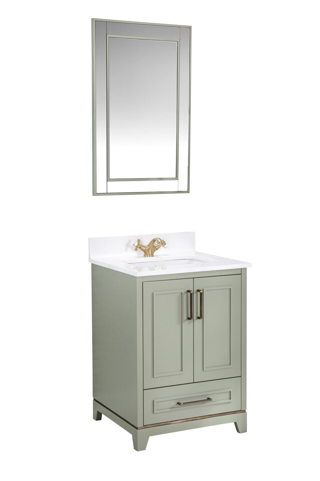 Modern stone-colored solid wood single-sink vanity with white stone countertop and integrated basin, brushed brass faucet, two-door cabinet and lower drawer, shown with a matching rectangular mirror above.