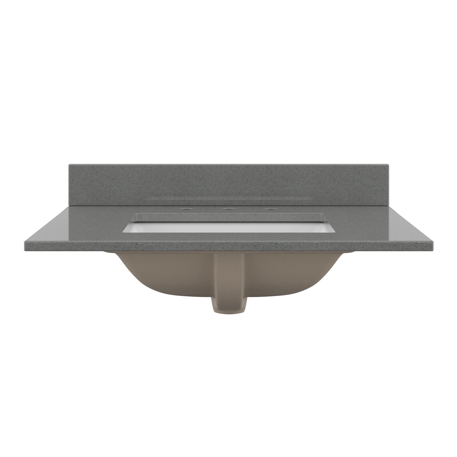 Front view of a stone-colored modern bathroom vanity top with low matching backsplash, rectangular undermount white ceramic sink, three pre-drilled faucet holes and the exposed underside of the basin.