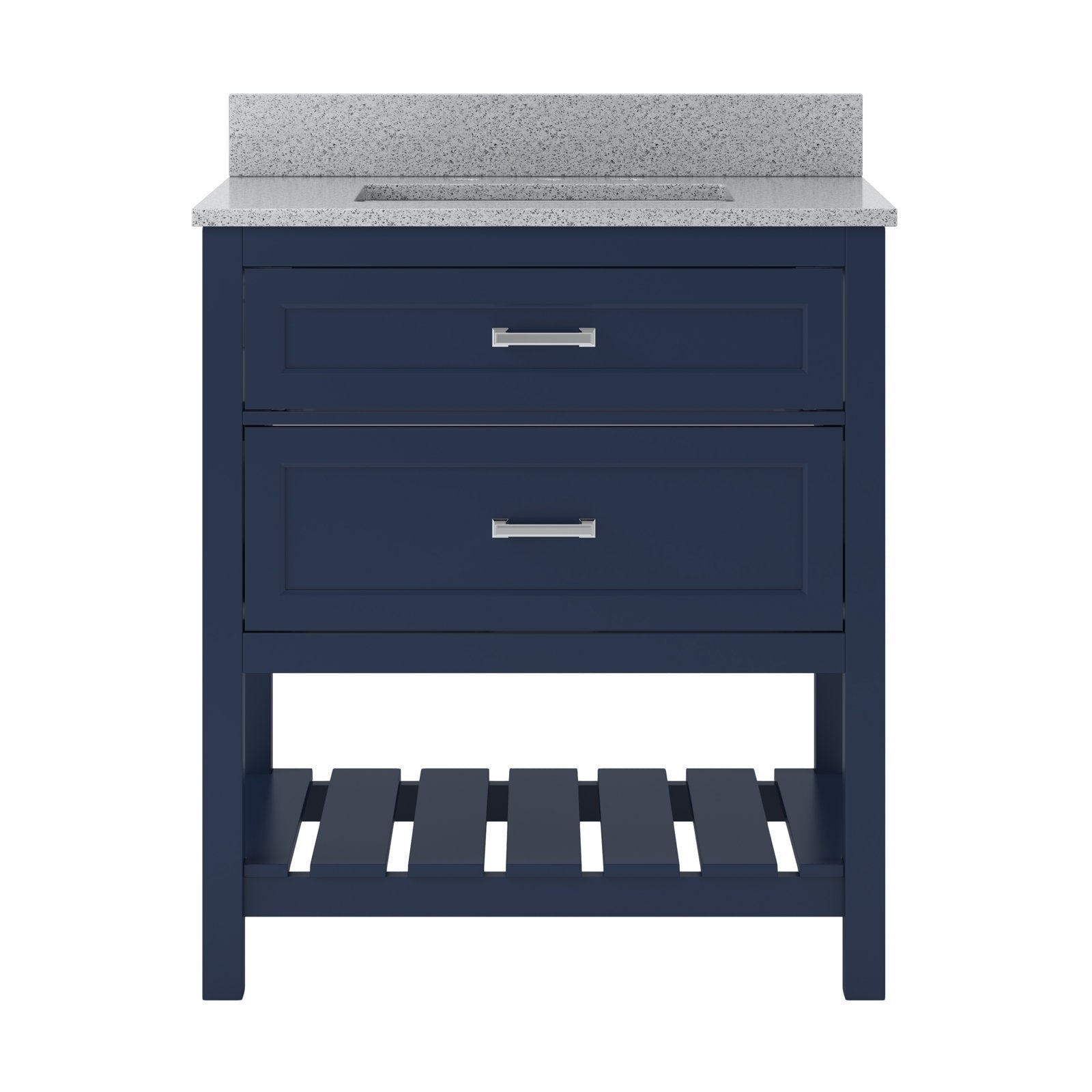 Front view of a modern solid wood single-sink bathroom vanity with a speckled stone countertop and backsplash, two drawers with chrome bar pulls, and a slatted open lower shelf.