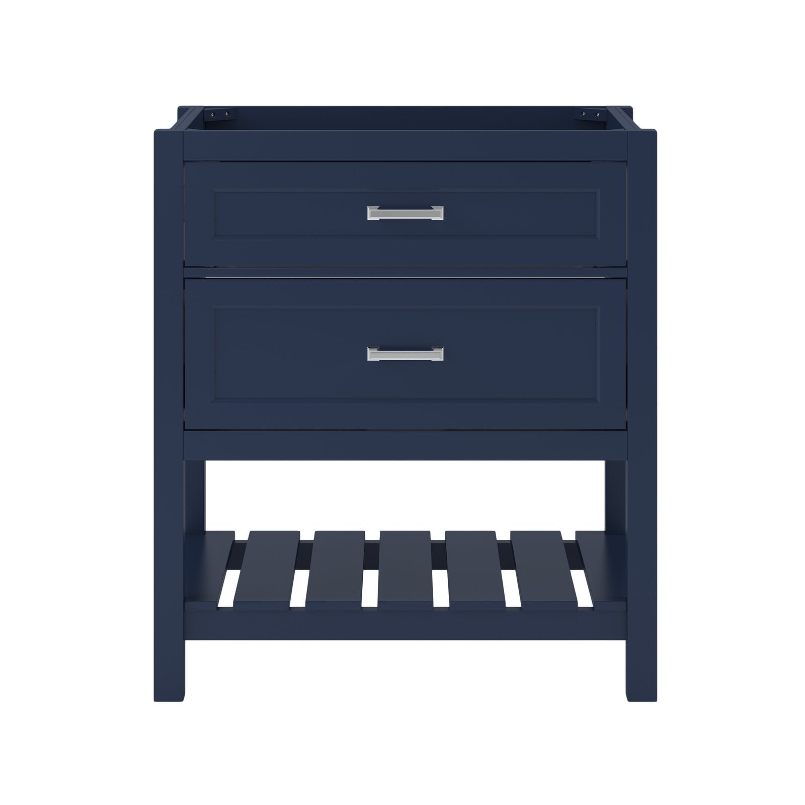 Stone-colored solid wood freestanding 31-inch modern bathroom vanity with two framed front drawers, chrome bar handles and an open slatted shelf at the base for storage.