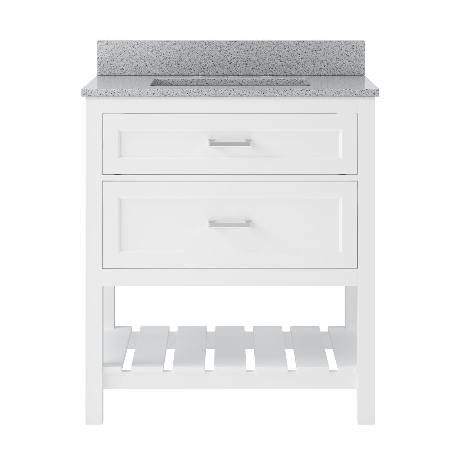 Front-facing modern white solid-wood bathroom vanity with speckled stone countertop and integrated rectangular sink, two paneled drawers with metal pulls and an open slatted lower shelf.