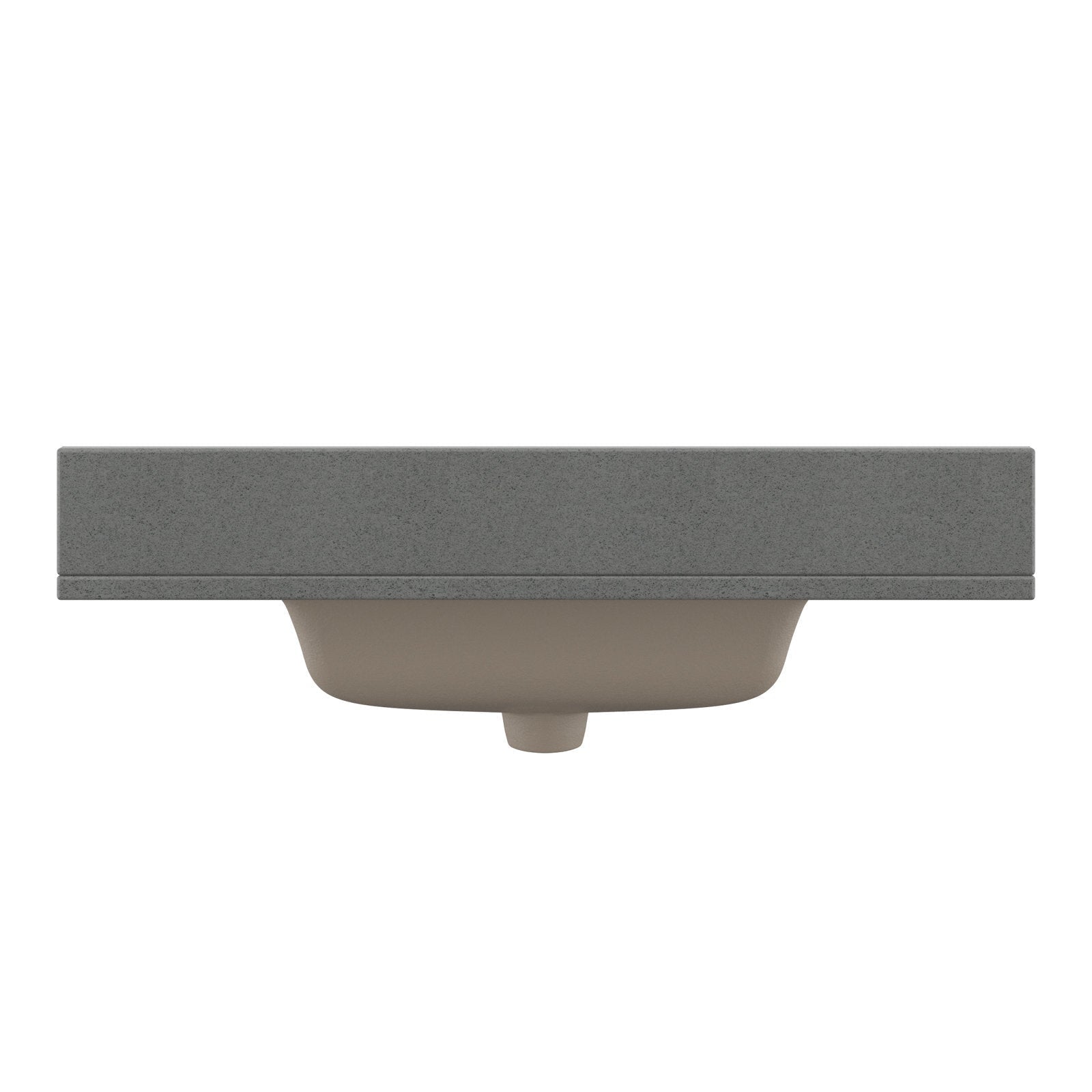 Front view of a stone-colored rectangular vanity top with an integrated beige ceramic undermount sink visible from below, showing the modern minimalist profile and smooth stone countertop edge.