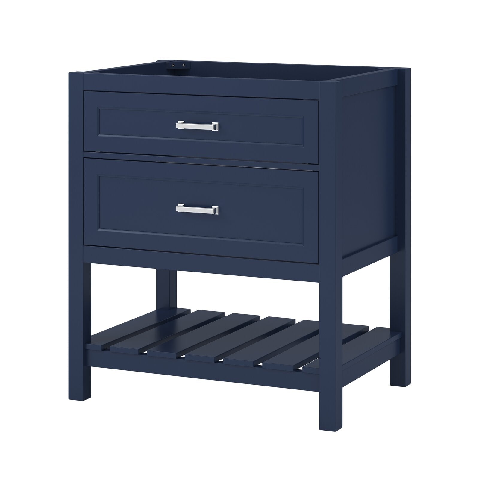 31-inch solid wood single-sink vanity base in a stone finish with modern freestanding frame, two soft-close drawers with chrome bar pulls and an open slatted lower shelf.