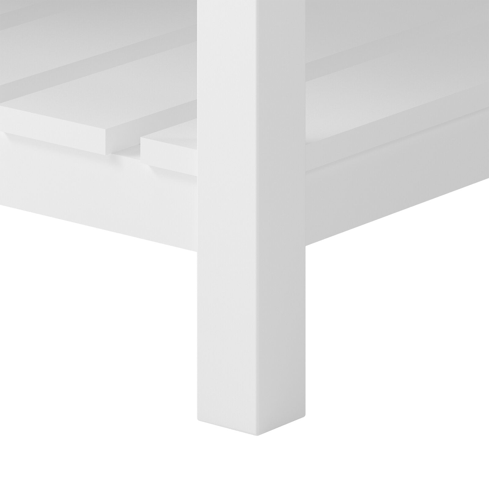 Close-up of a square solid wood vanity leg and adjacent slatted lower shelf in a stone finish, showing the modern freestanding bathroom vanity’s clean lines and smooth painted surface.