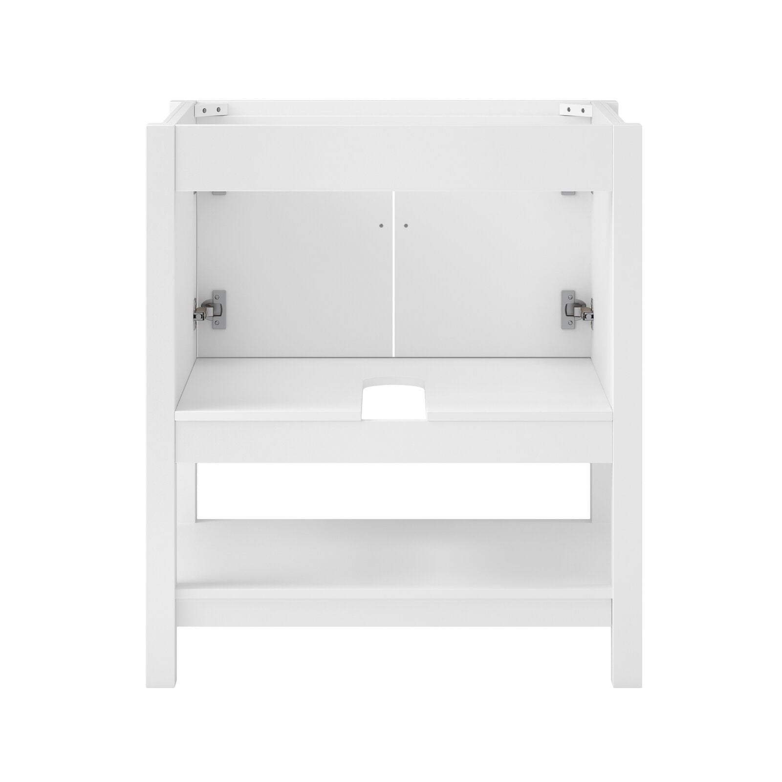 Front view of a 31-inch modern solid wood bathroom vanity base in stone finish, freestanding with a center sink cutout, visible hinge hardware and an open lower shelf.