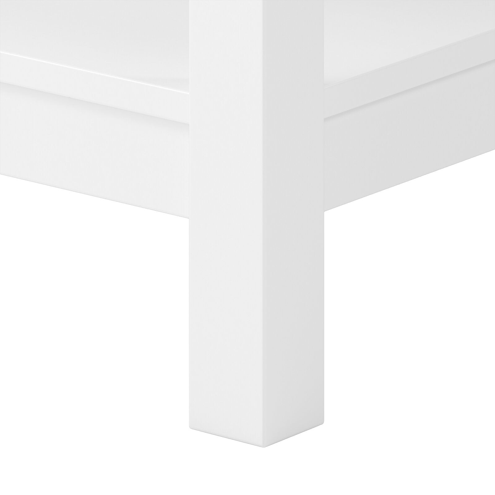 Close-up of a stone-finish solid wood bathroom vanity corner showing a squared modern leg and adjoining apron with a smooth painted surface.