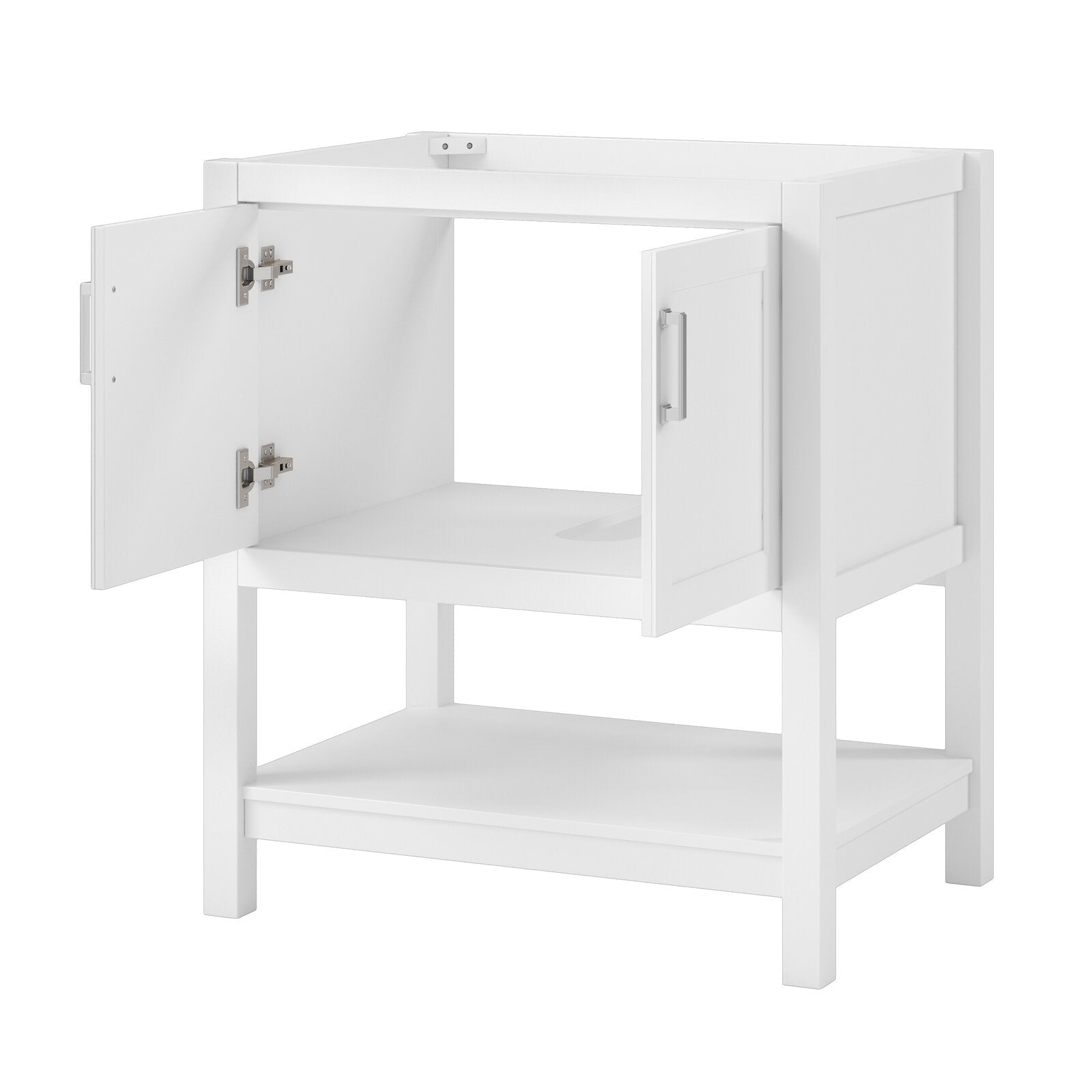 Freestanding 31-inch modern solid wood bathroom vanity base in stone finish with both cabinet doors open, chrome handles, visible metal hinges, lower open shelf and recessed sink plumbing cutout.