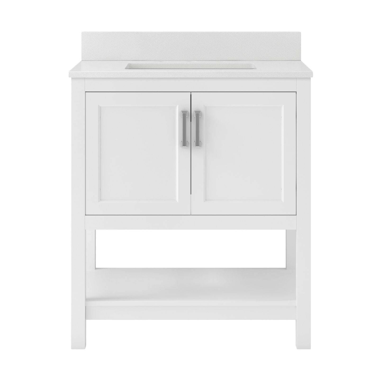 Front view of a modern 31-inch solid wood bathroom vanity in stone finish with a stone top and integrated rectangular ceramic sink, two shaker-style doors with metal pulls and an open lower shelf for storage.