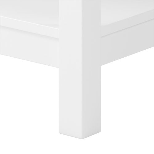 Close-up of a vanity corner showing the solid wood leg and lower apron with a smooth stone-colored finish and crisp modern edges.