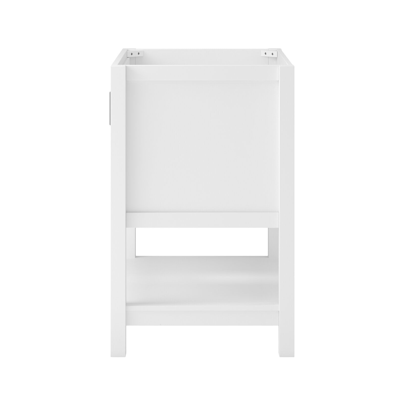 Front view of a modern 31-inch solid wood freestanding bathroom vanity in stone finish, showing an open lower shelf, recessed panel sides and a framed top ready for a single sink installation.