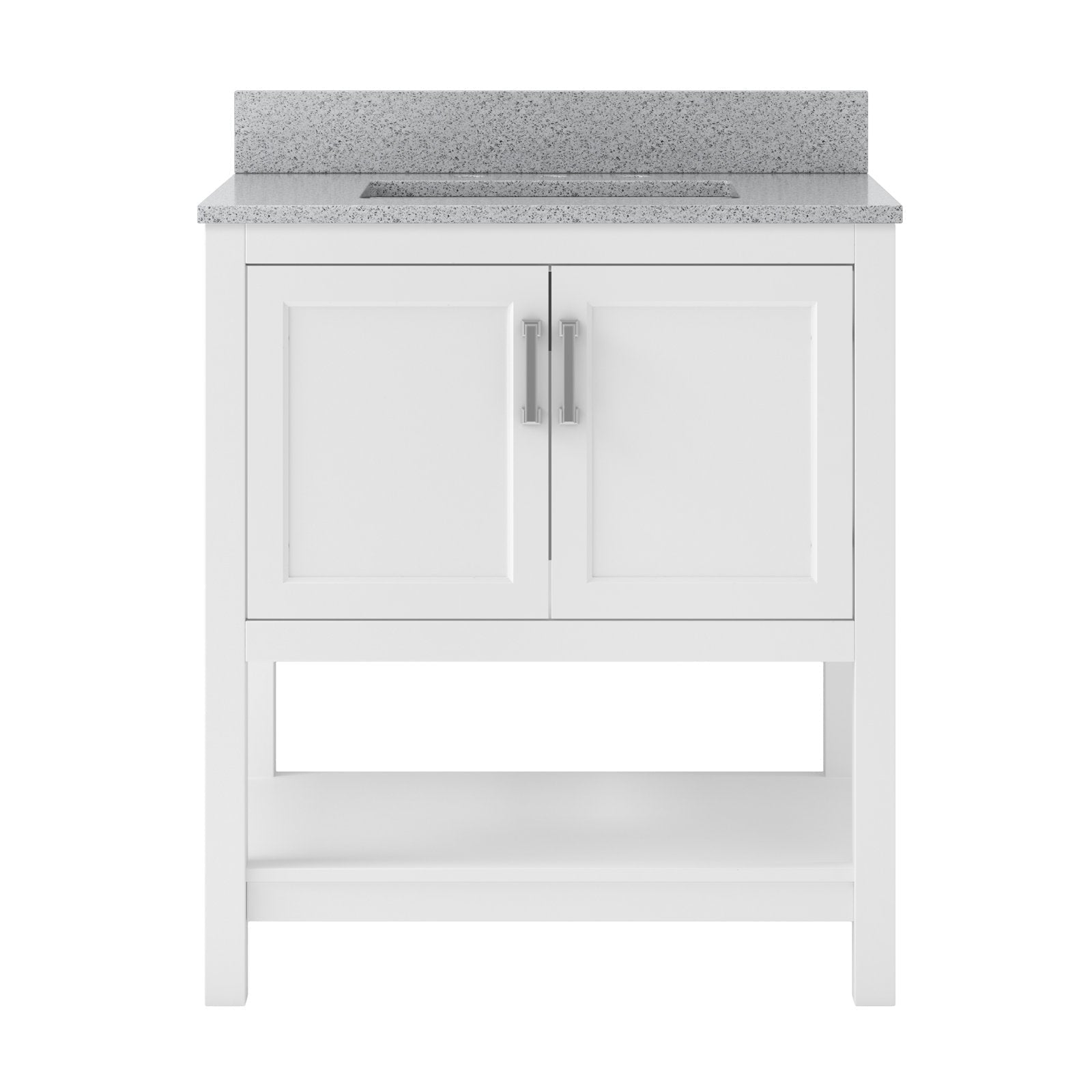 31-inch solid wood single-sink bathroom vanity in white with a speckled stone countertop and backsplash, recessed-panel double doors with metal pulls, integrated rectangular sink and open lower shelf.