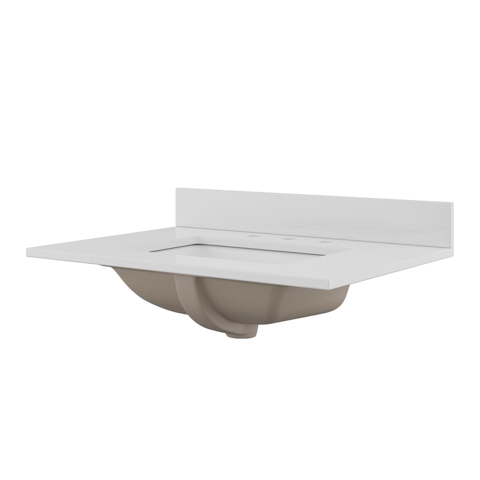 Stone-colored vanity top with a white integrated rectangular ceramic sink, exposed beige undermount basin, low matching backsplash and three predrilled faucet holes for a modern contemporary bathroom.