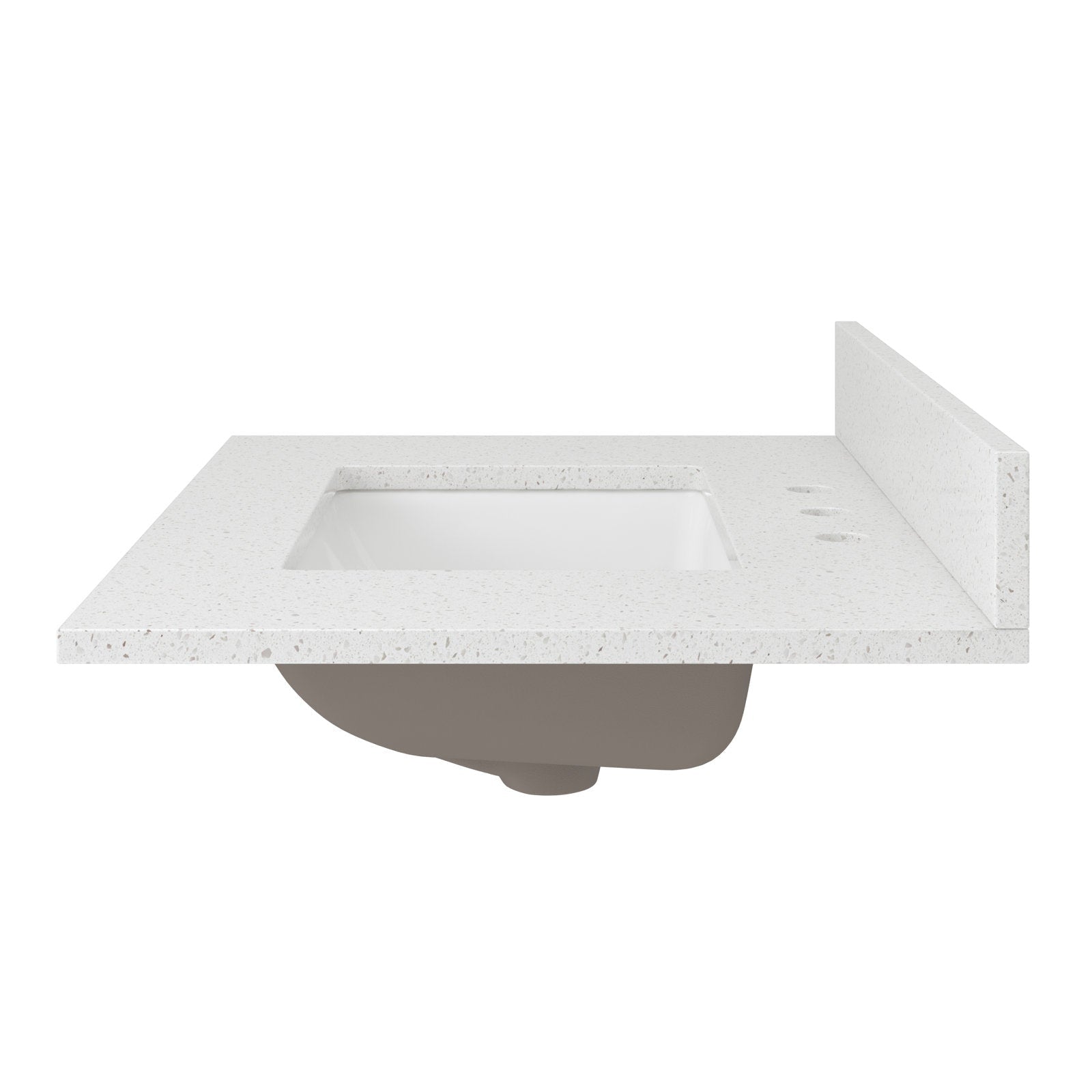 Stone-finish countertop with inset white rectangular ceramic sink, three predrilled faucet holes and short right-side stone backsplash; the basin underside is visible beneath the freestanding vanity top.