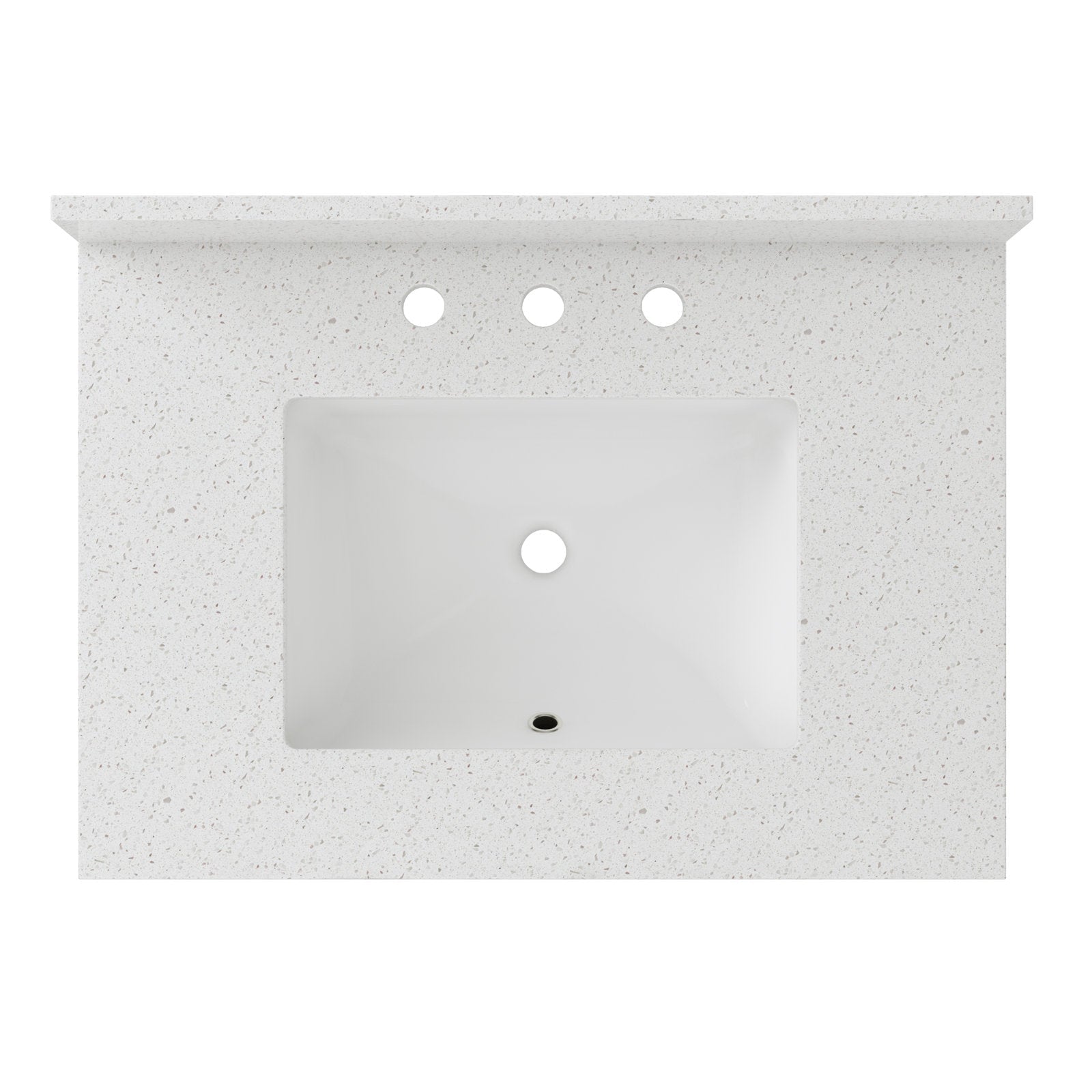 Top-down view of a speckled stone vanity top with a single rectangular white ceramic sink, three predrilled faucet holes across the back and a centered drain hole.
