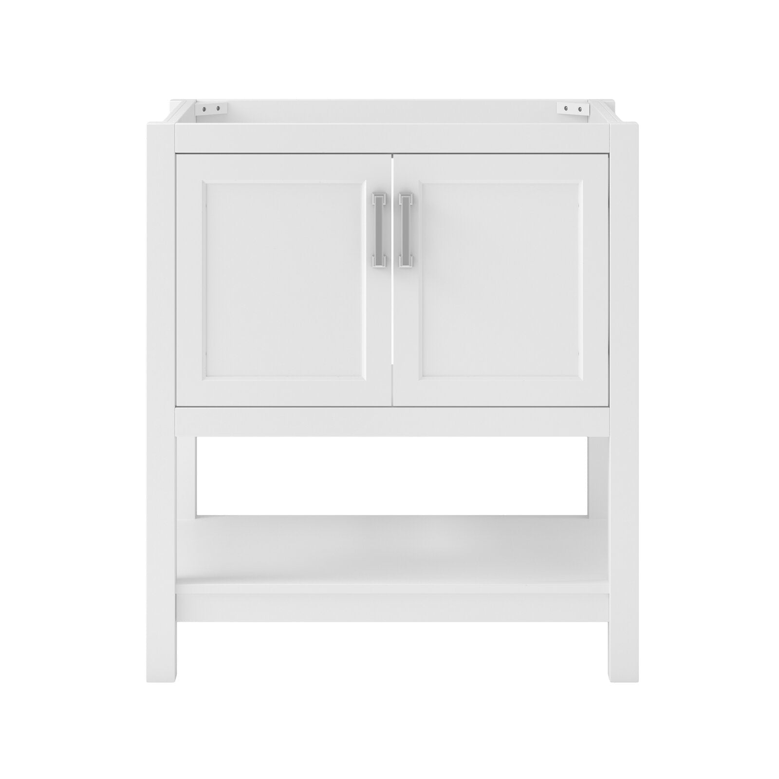 Freestanding 31-inch solid wood modern bathroom vanity in stone finish, featuring two paneled doors with metal pulls and an open lower shelf; cabinet shown without sink or countertop.